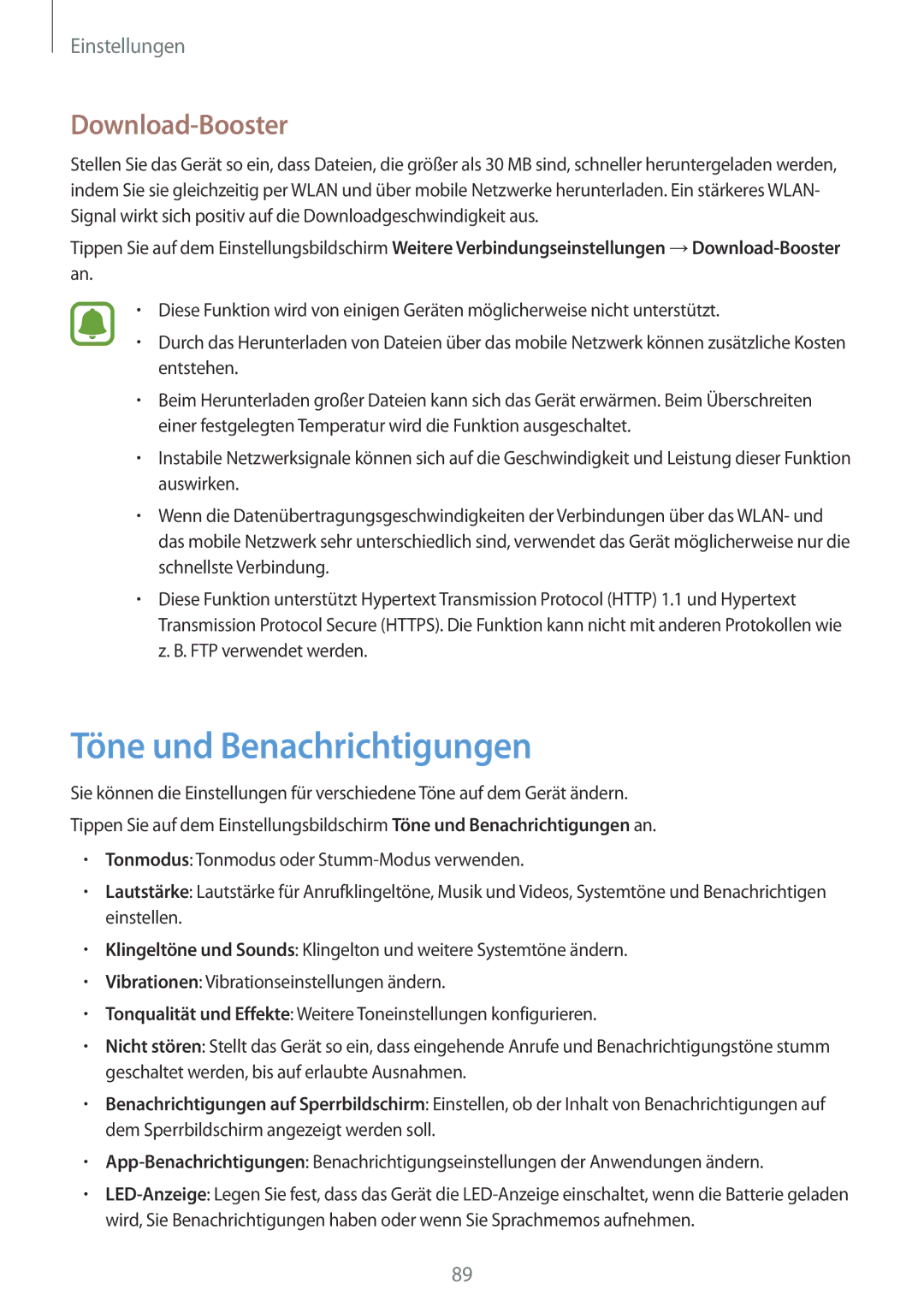 Samsung SM-G903FZSADBT, SM-G903FZKADBT, SM-G903FZDADBT manual Töne und Benachrichtigungen, Download-Booster 