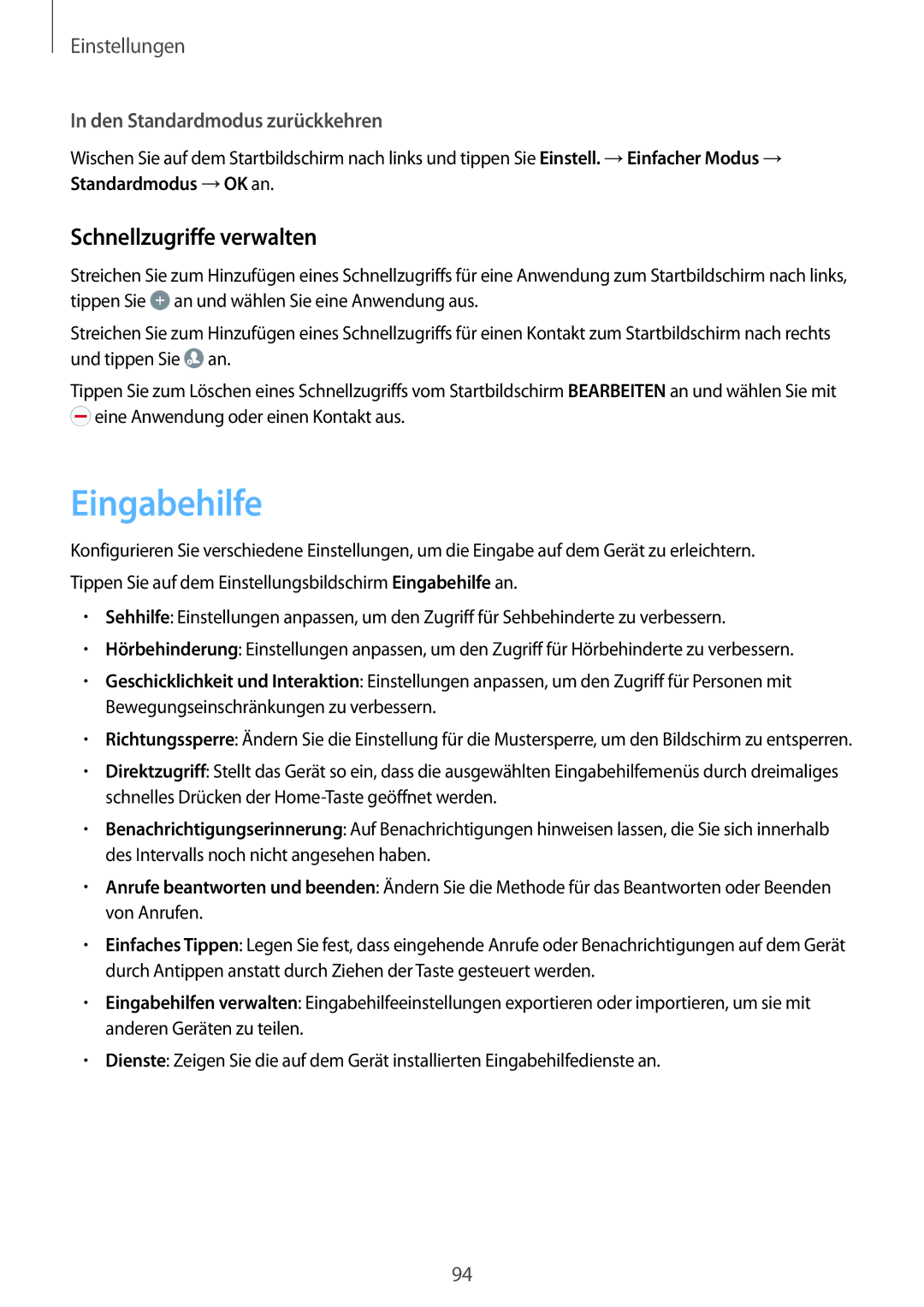 Samsung SM-G903FZDADBT, SM-G903FZKADBT, SM-G903FZSADBT manual Eingabehilfe, Schnellzugriffe verwalten 