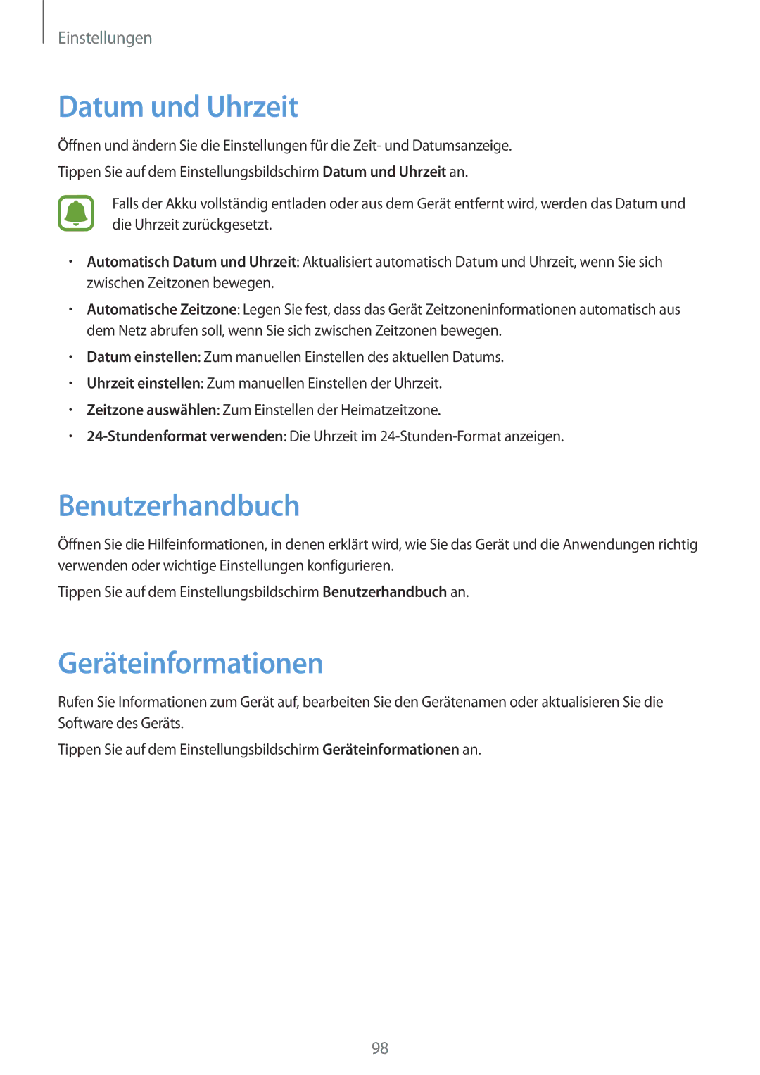 Samsung SM-G903FZSADBT, SM-G903FZKADBT, SM-G903FZDADBT manual Datum und Uhrzeit, Benutzerhandbuch, Geräteinformationen 
