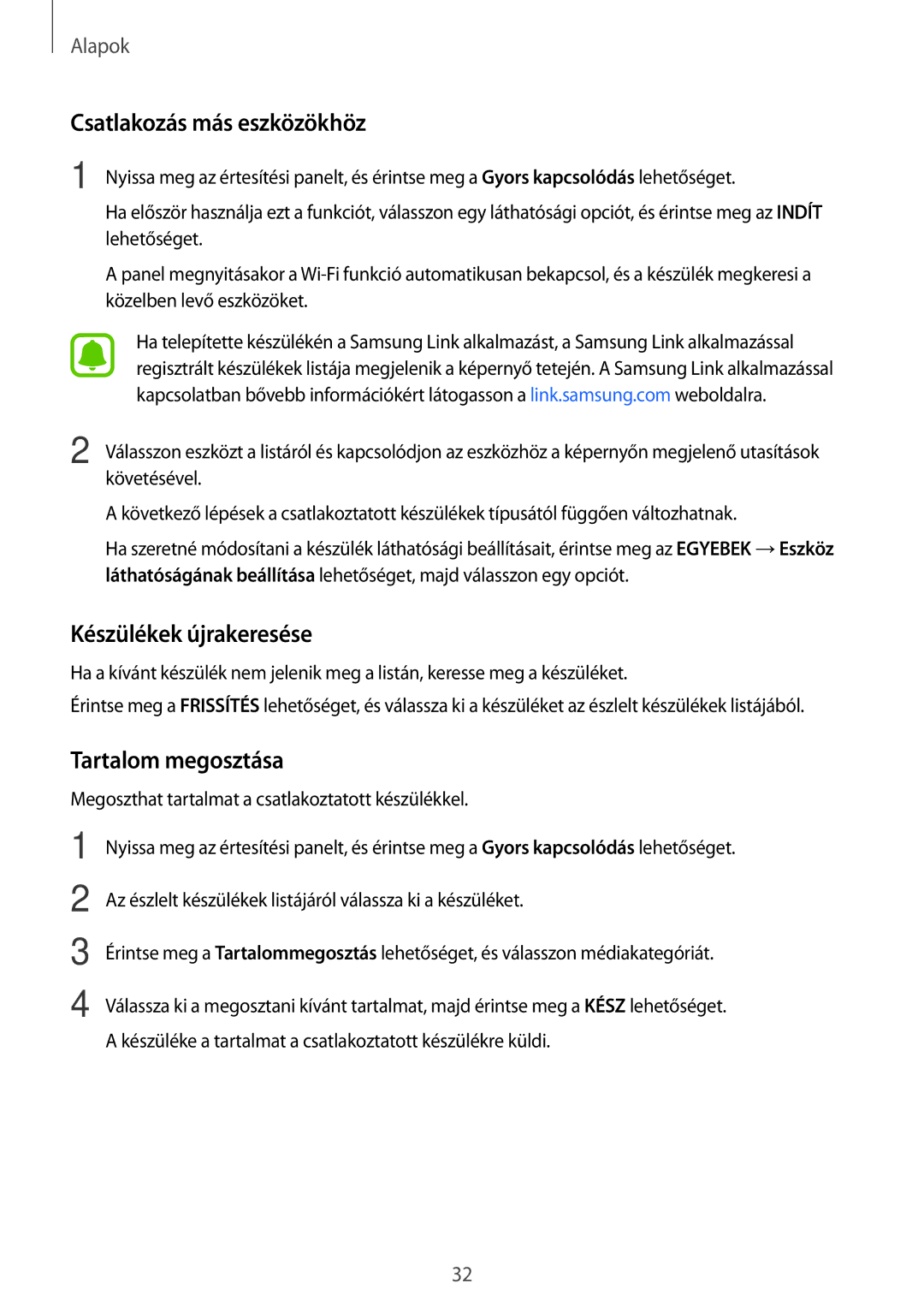 Samsung SM-G903FZDAIDE, SM-G903FZKADBT manual Csatlakozás más eszközökhöz, Készülékek újrakeresése, Tartalom megosztása 