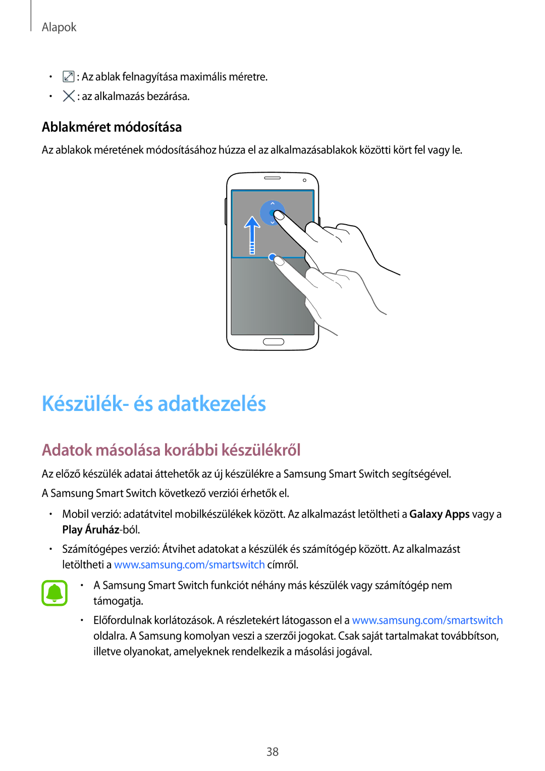 Samsung SM-G903FZSATTR manual Készülék- és adatkezelés, Adatok másolása korábbi készülékről, Ablakméret módosítása 