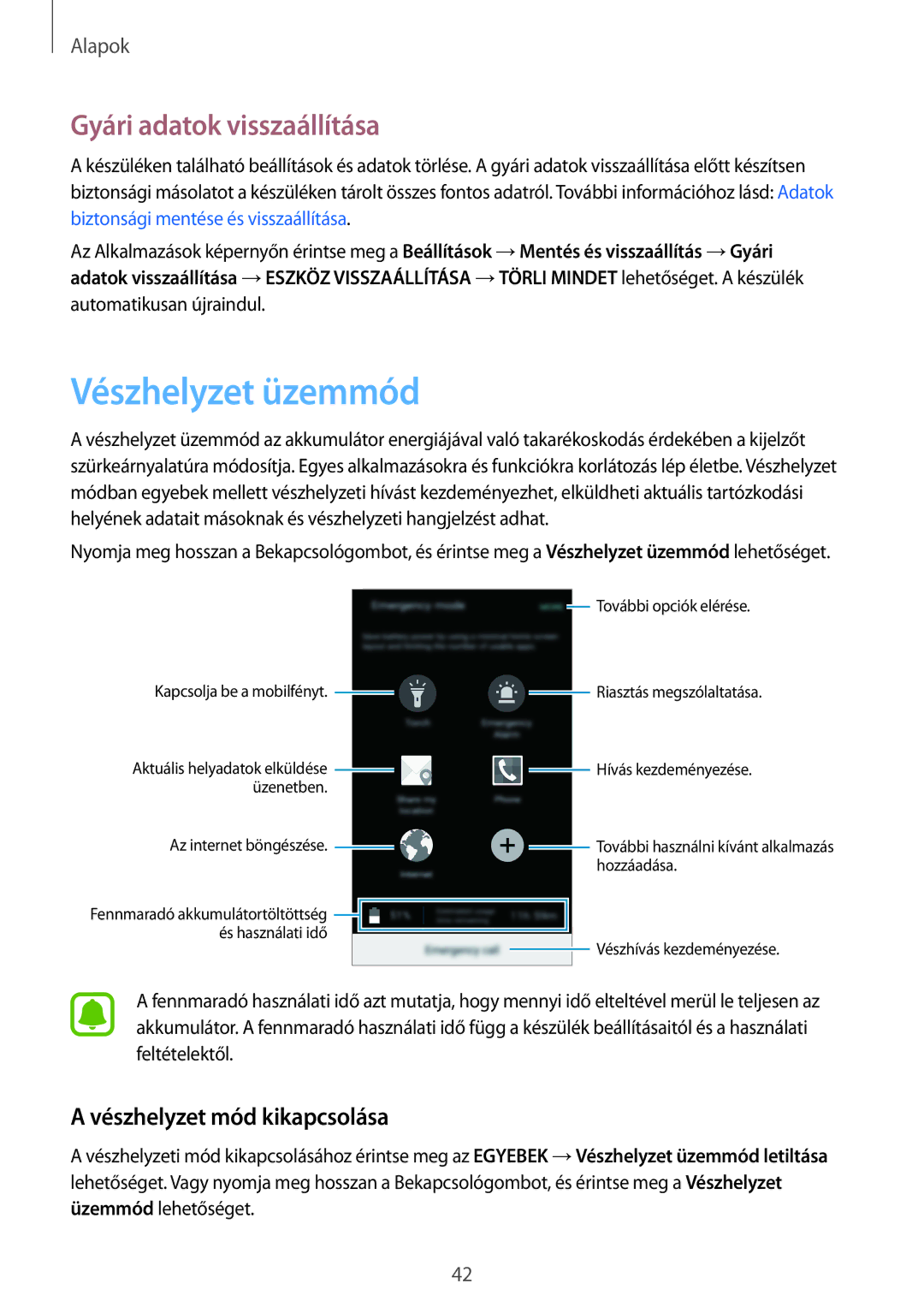 Samsung SM-G903FZKADPL, SM-G903FZKADBT manual Vészhelyzet üzemmód, Gyári adatok visszaállítása, Vészhelyzet mód kikapcsolása 