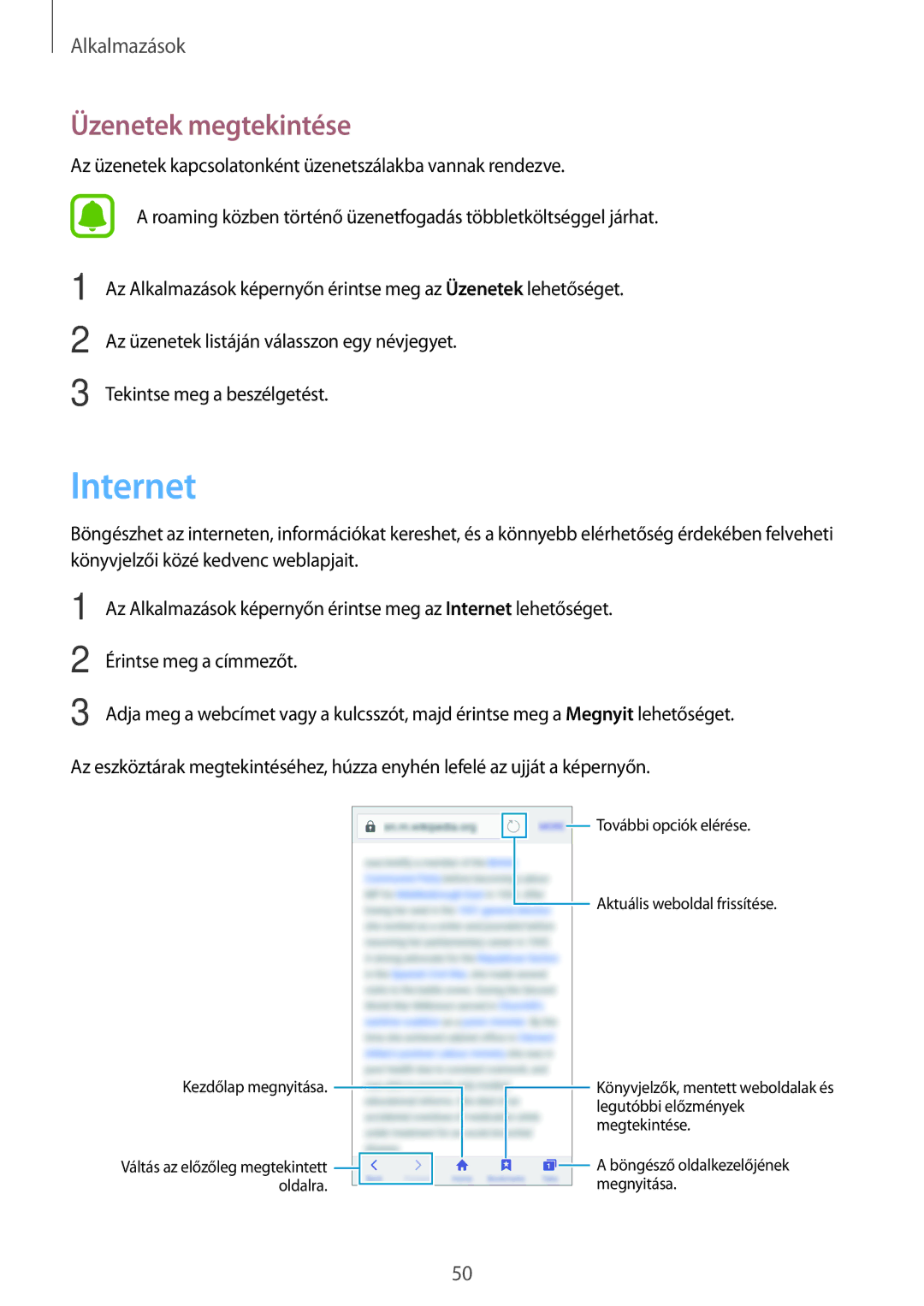 Samsung SM-G903FZKACOS, SM-G903FZKADBT, SM-G903FZSAETL, SM-G903FZKAVGR, SM-G903FZKAEUR manual Internet, Üzenetek megtekintése 