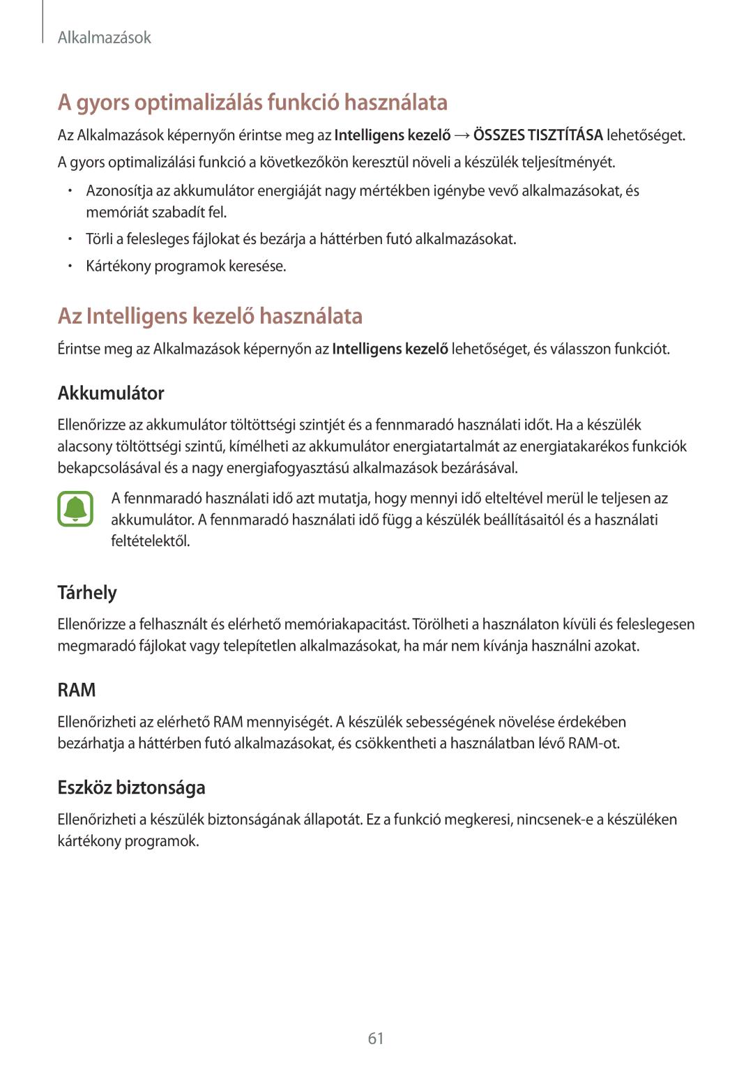 Samsung SM-G903FZDAATO Gyors optimalizálás funkció használata, Az Intelligens kezelő használata, Akkumulátor, Tárhely 