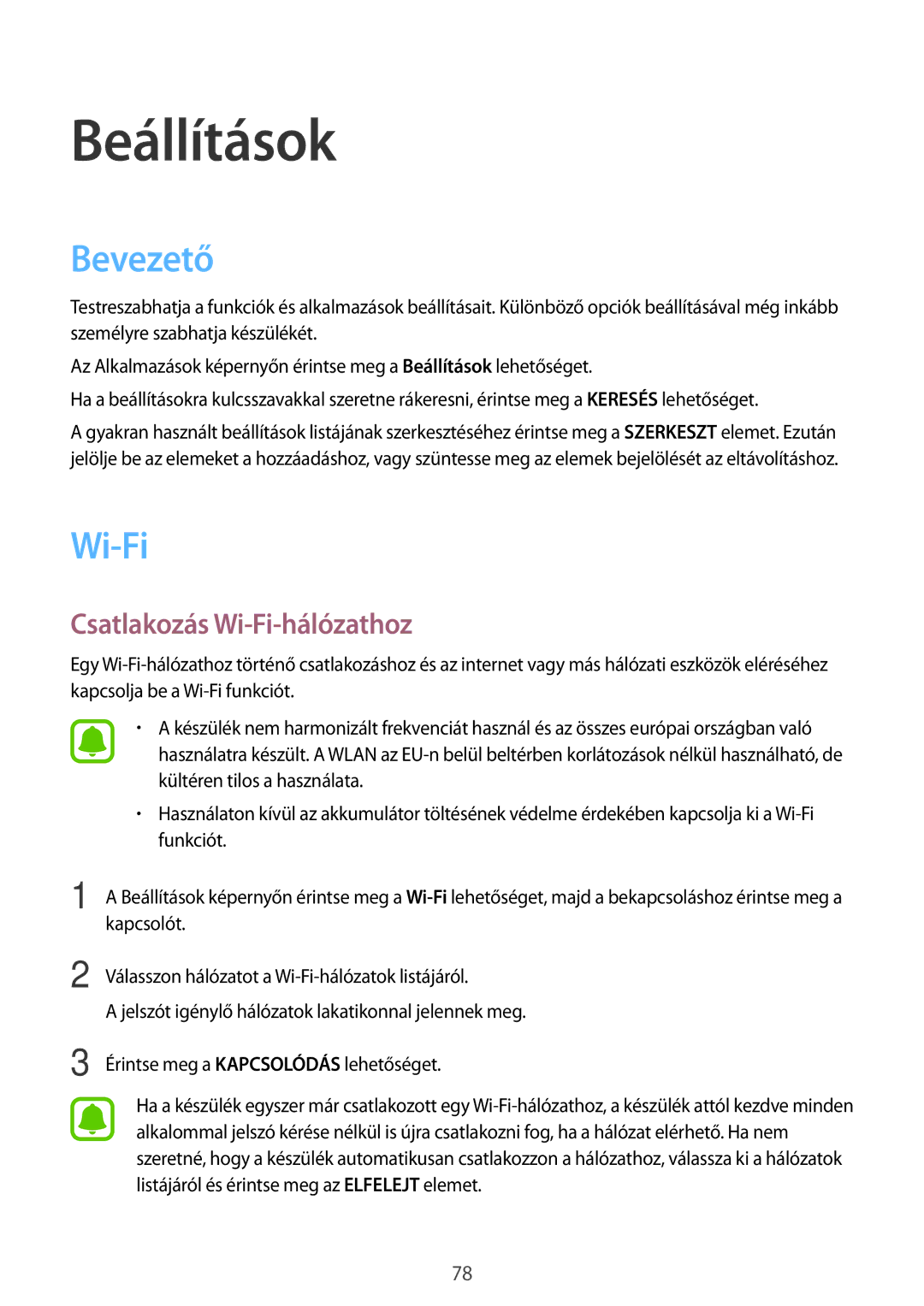 Samsung SM-G903FZDAIDE, SM-G903FZKADBT, SM-G903FZSAETL, SM-G903FZKAVGR manual Bevezető, Csatlakozás Wi-Fi-hálózathoz 