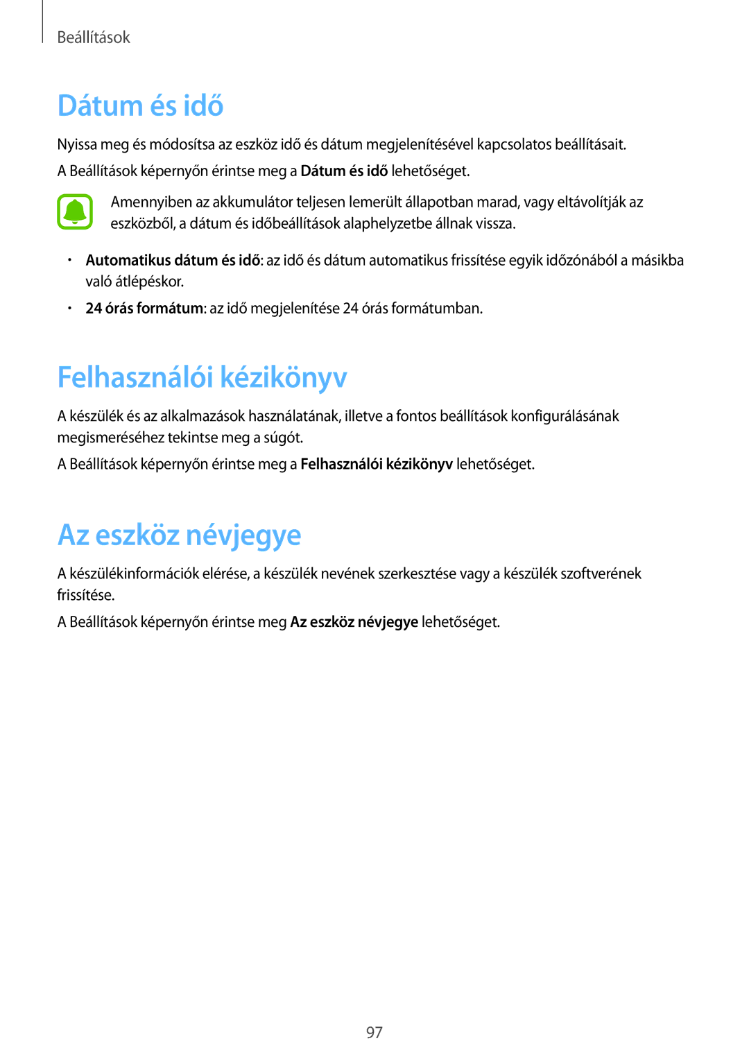 Samsung SM-G903FZDAXEO, SM-G903FZKADBT, SM-G903FZSAETL manual Dátum és idő, Felhasználói kézikönyv, Az eszköz névjegye 