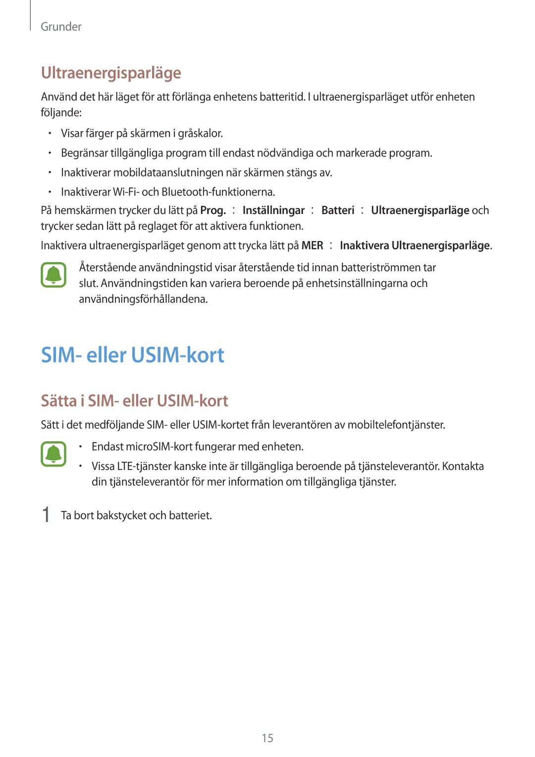 Samsung SM-G903FZKANEE manual Ultraenergisparläge, Sätta i SIM- eller USIM-kort 