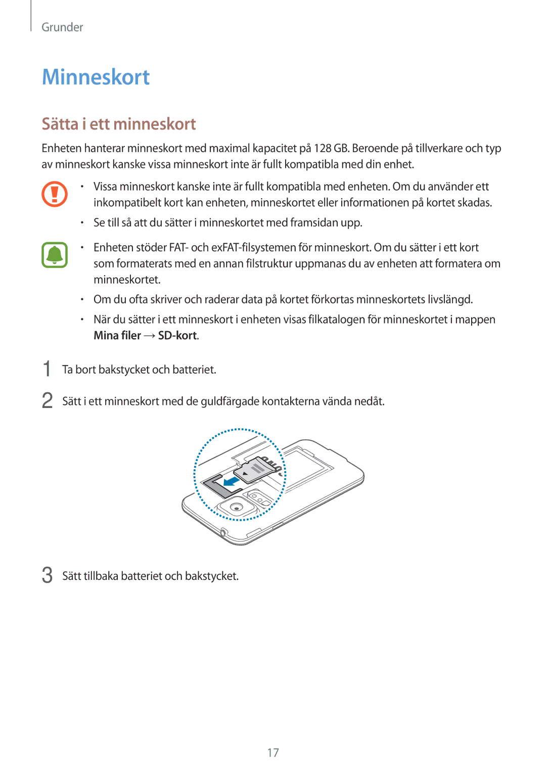 Samsung SM-G903FZKANEE manual Minneskort, Sätta i ett minneskort 