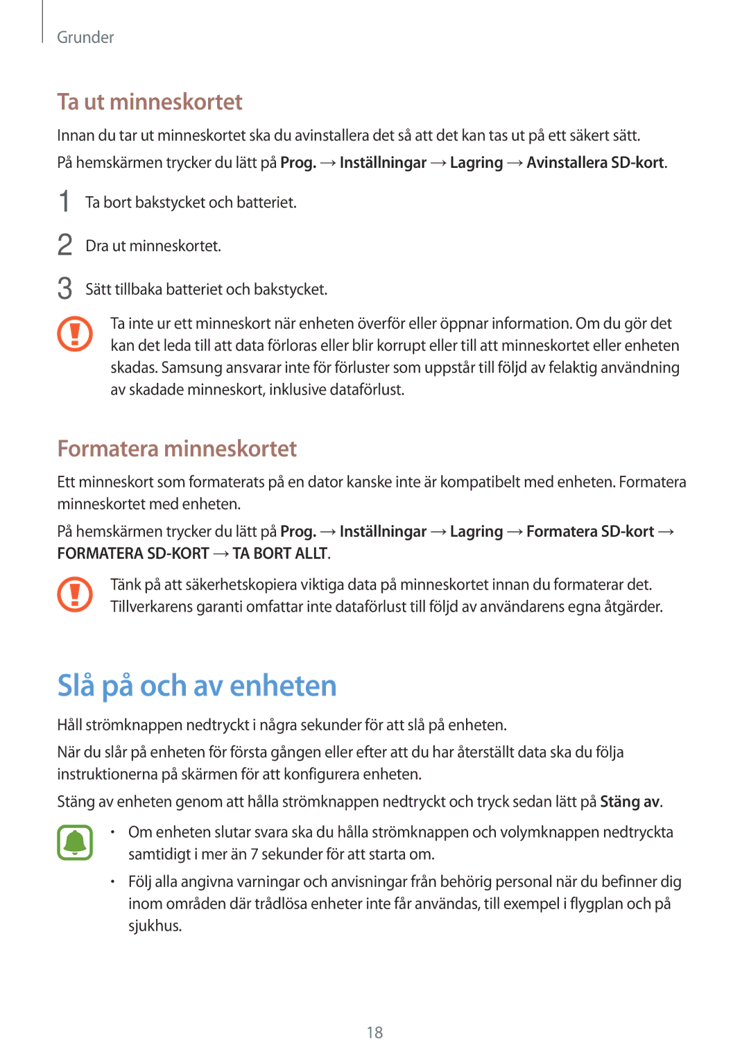Samsung SM-G903FZKANEE manual Slå på och av enheten, Ta ut minneskortet, Formatera minneskortet 