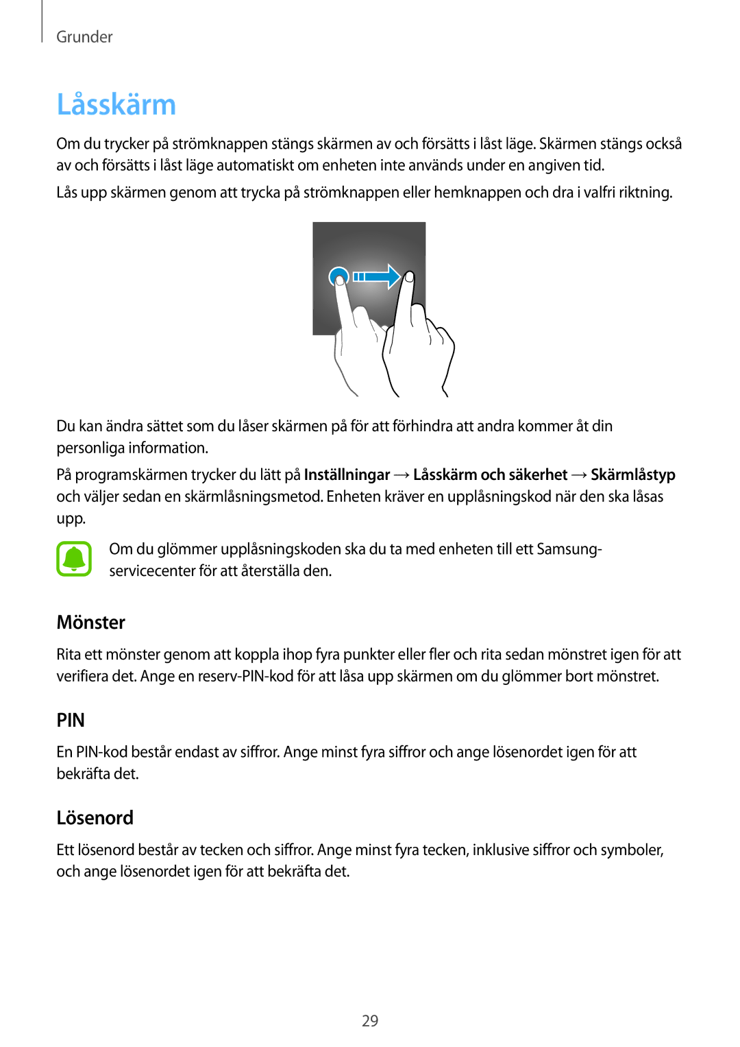 Samsung SM-G903FZKANEE manual Låsskärm, Mönster, Lösenord 