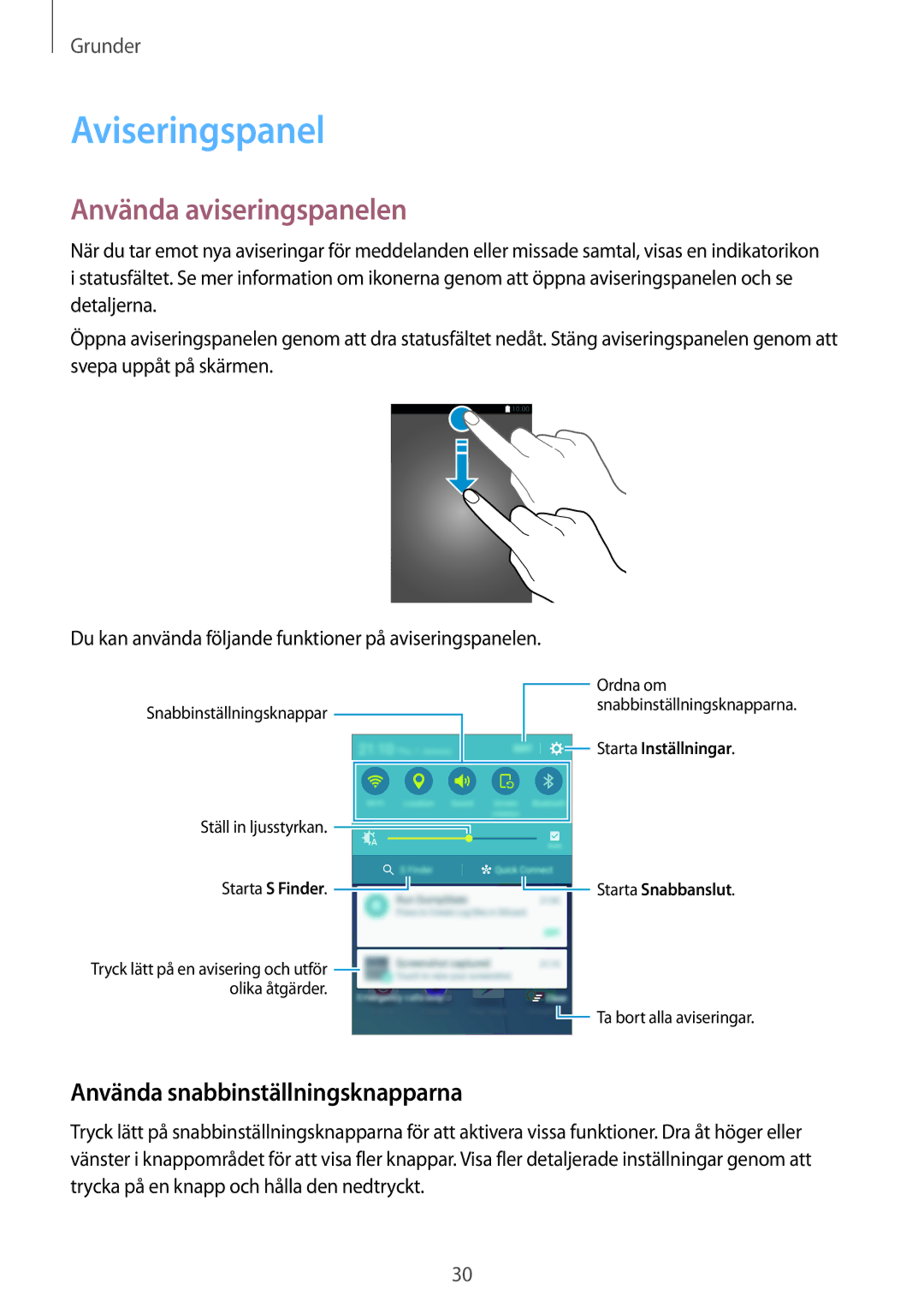 Samsung SM-G903FZKANEE manual Aviseringspanel, Använda aviseringspanelen, Använda snabbinställningsknapparna 