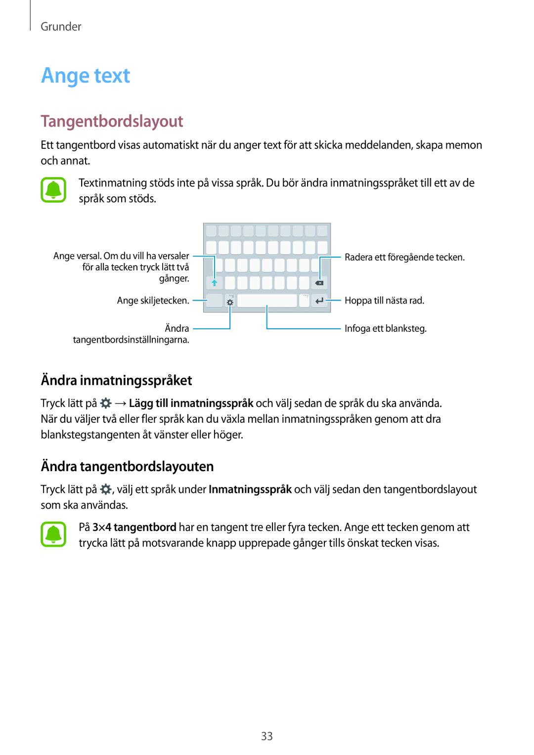 Samsung SM-G903FZKANEE manual Ange text, Tangentbordslayout, Ändra inmatningsspråket, Ändra tangentbordslayouten 