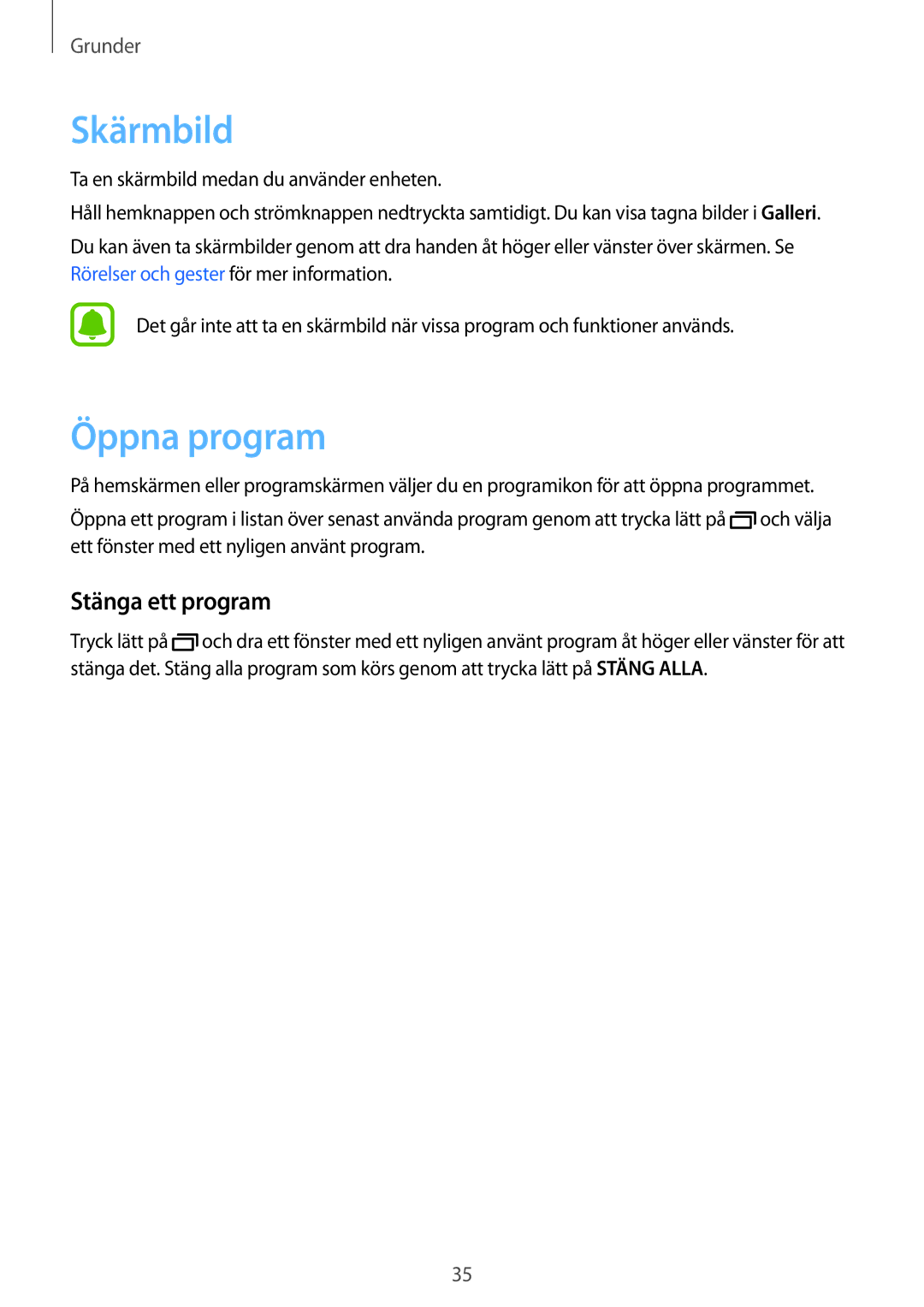 Samsung SM-G903FZKANEE manual Skärmbild, Öppna program, Stänga ett program 