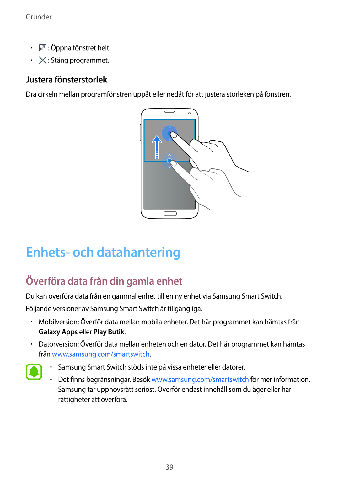 Samsung SM-G903FZKANEE manual Enhets- och datahantering, Överföra data från din gamla enhet, Justera fönsterstorlek 