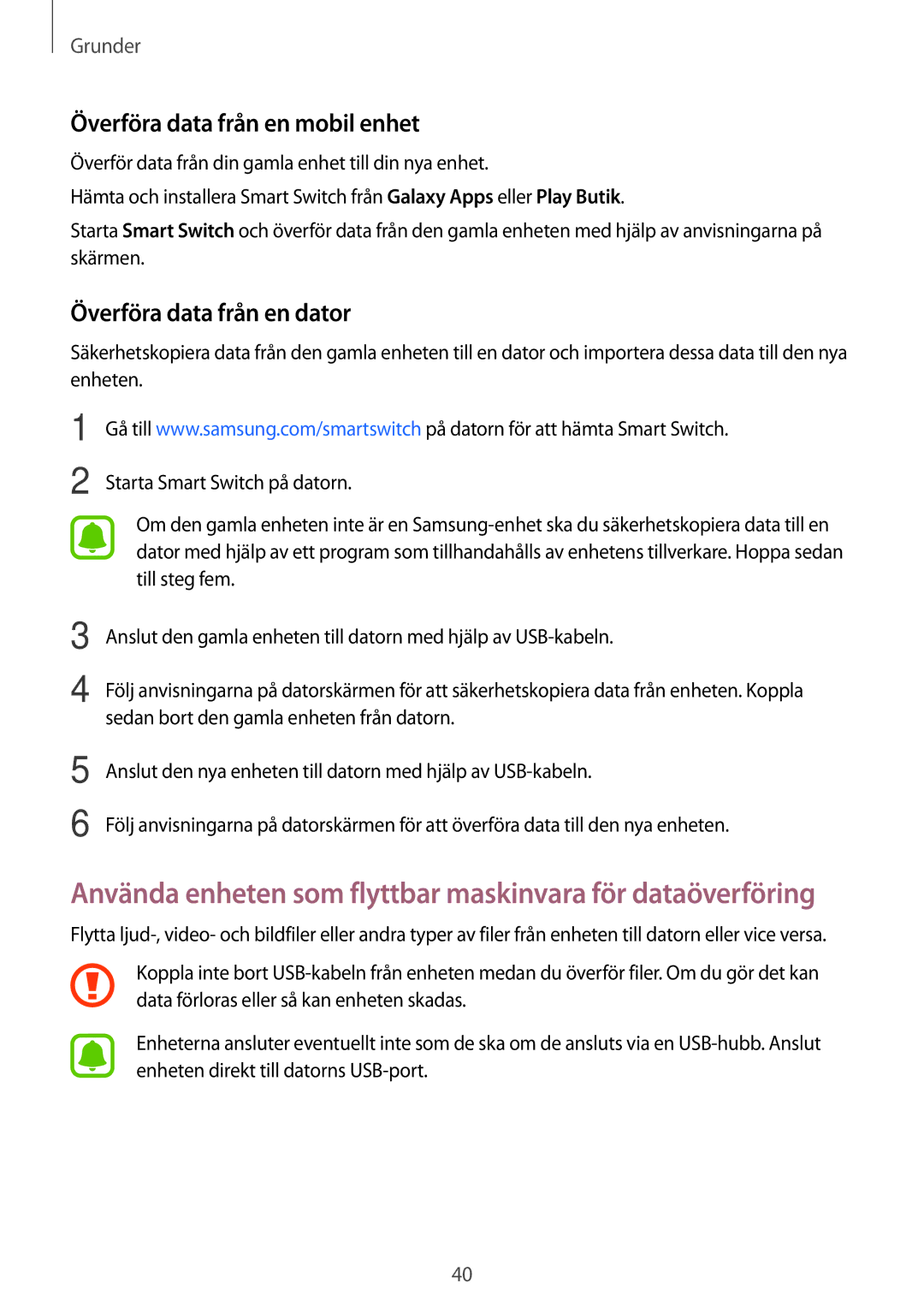 Samsung SM-G903FZKANEE manual Överföra data från en mobil enhet, Överföra data från en dator 