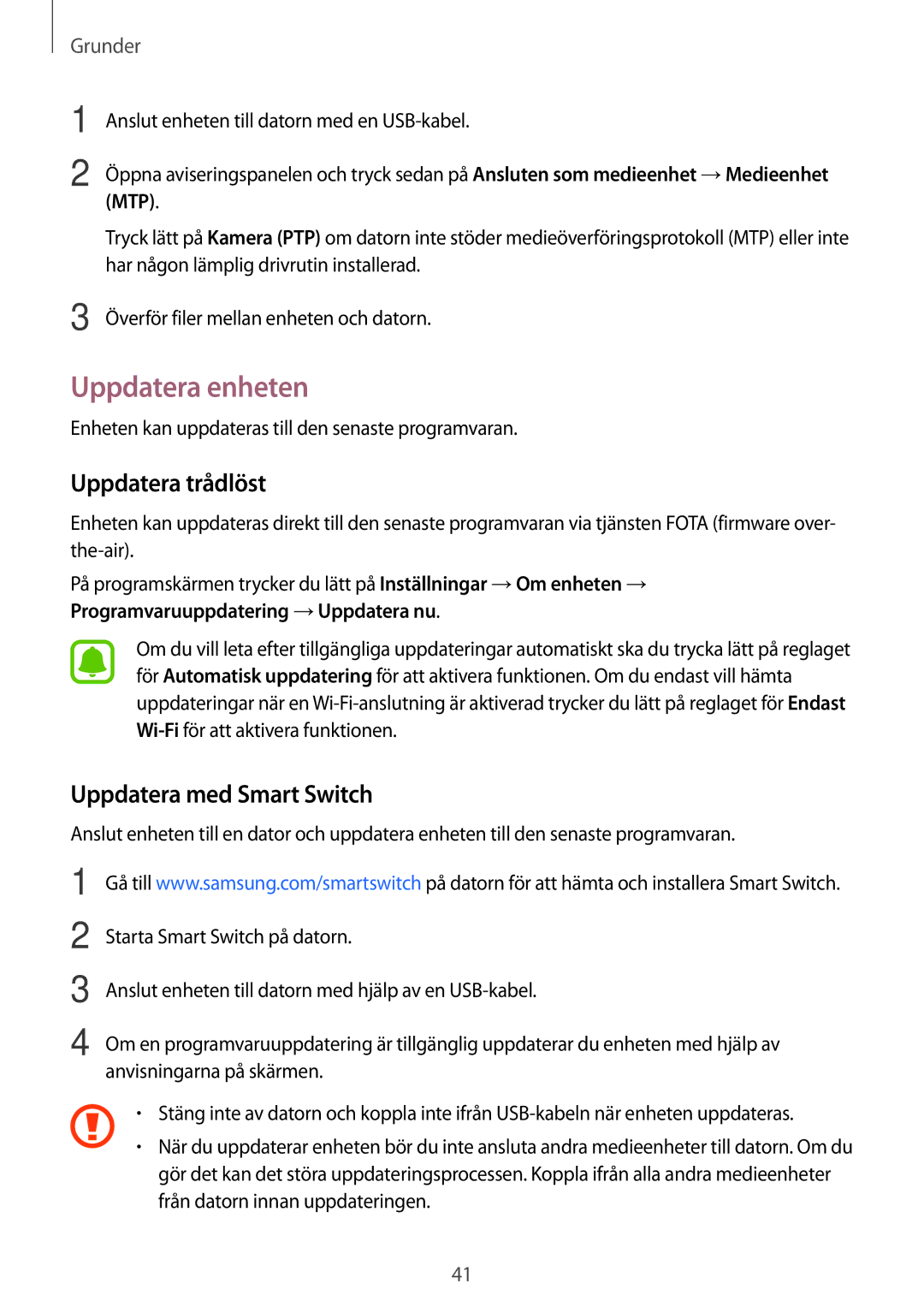 Samsung SM-G903FZKANEE manual Uppdatera enheten, Uppdatera trådlöst, Uppdatera med Smart Switch 