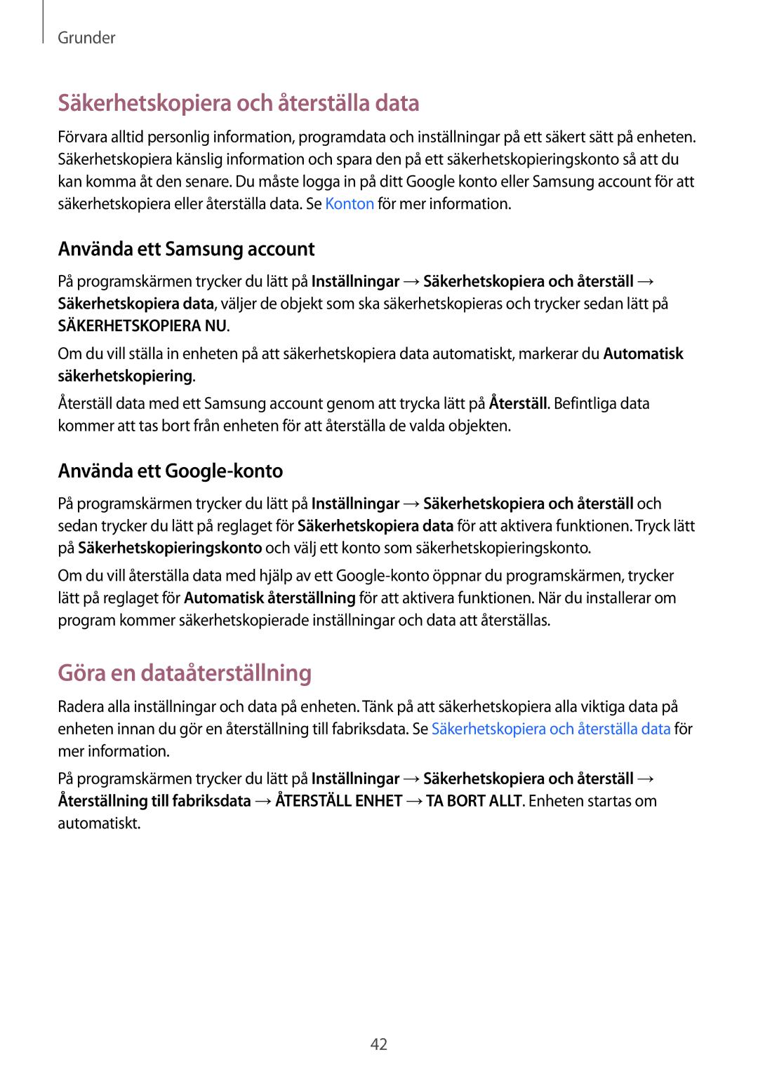 Samsung SM-G903FZKANEE manual Säkerhetskopiera och återställa data, Göra en dataåterställning, Använda ett Samsung account 
