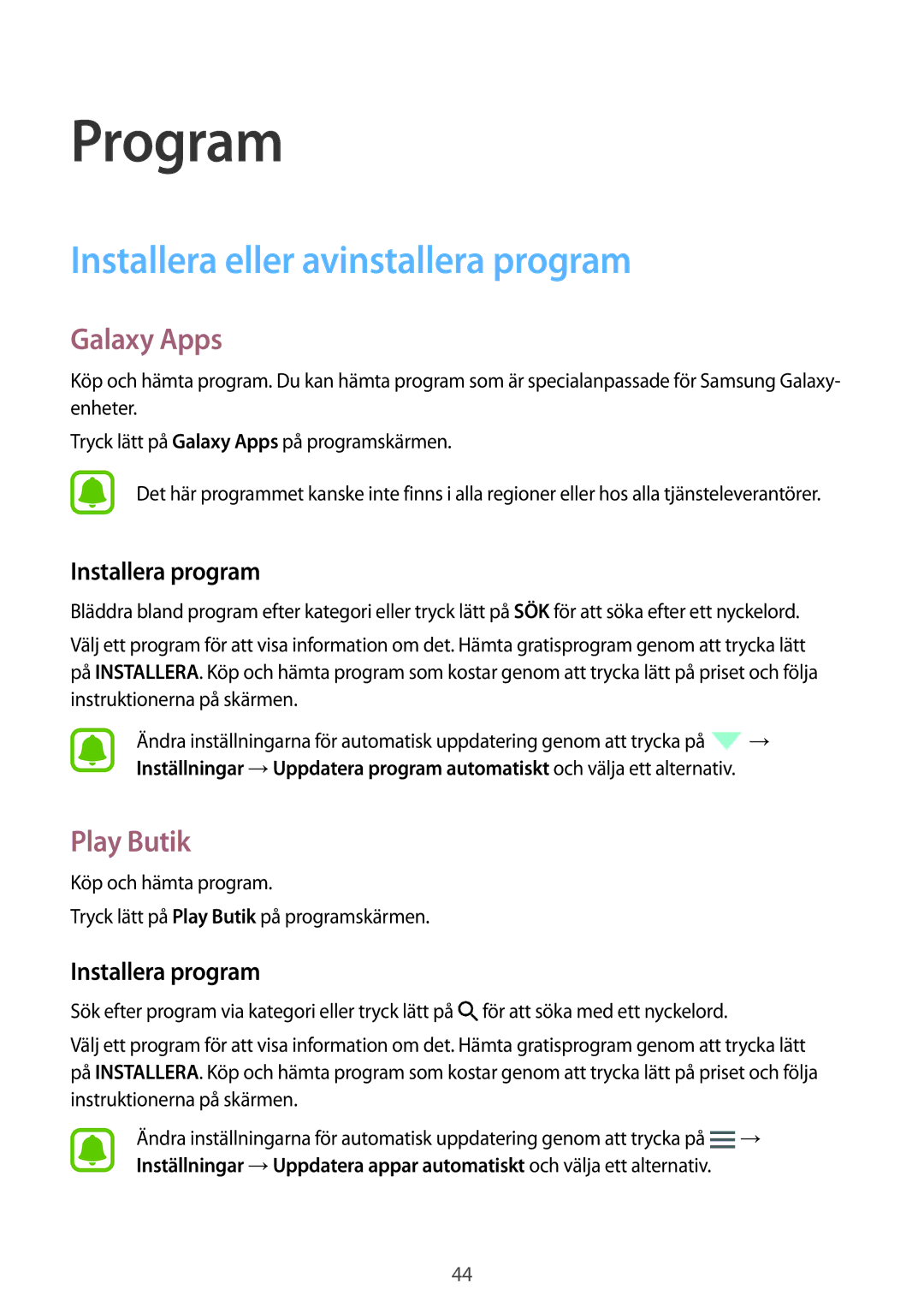 Samsung SM-G903FZKANEE manual Installera eller avinstallera program, Galaxy Apps, Play Butik, Installera program 