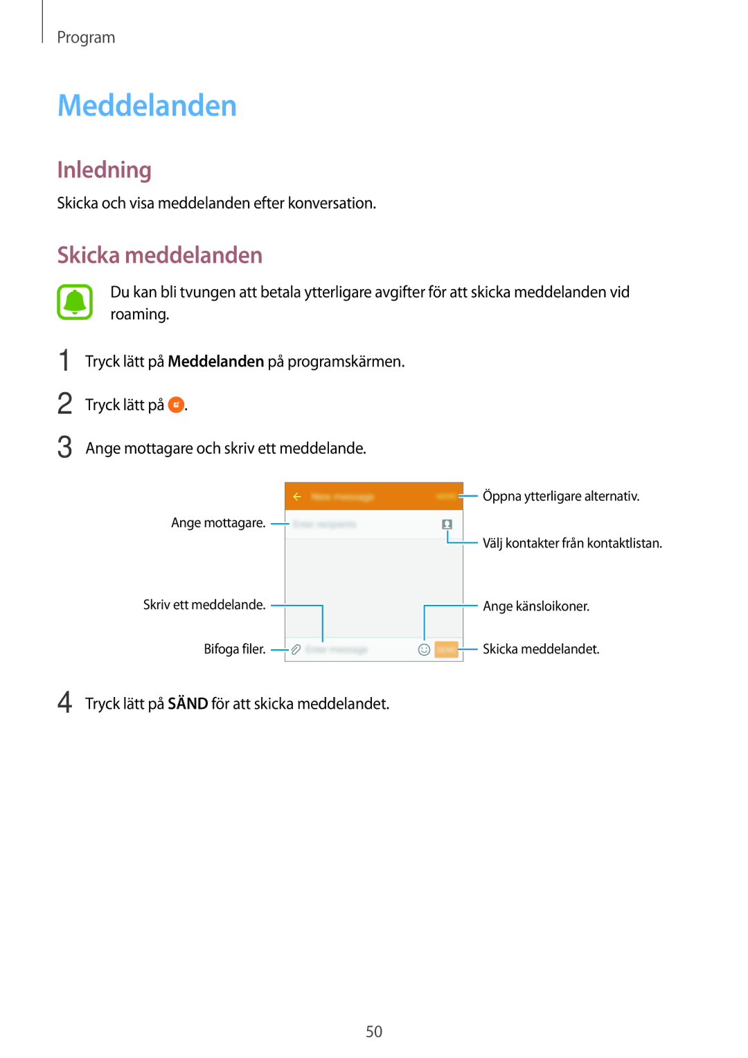 Samsung SM-G903FZKANEE manual Meddelanden, Skicka meddelanden 