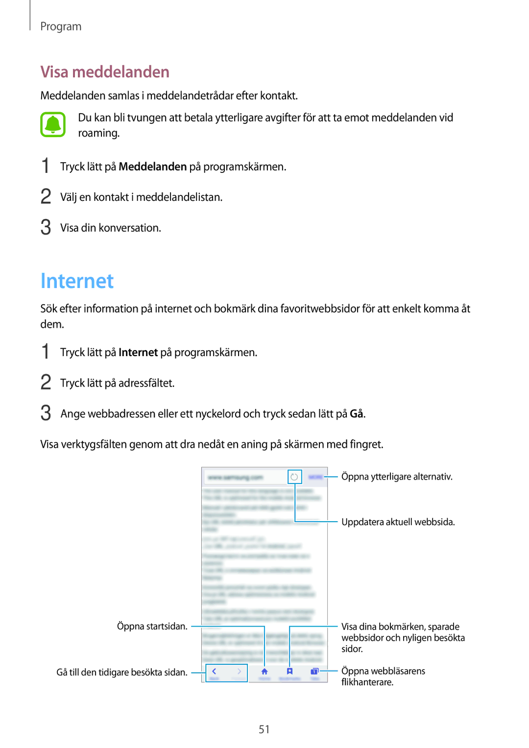 Samsung SM-G903FZKANEE manual Internet, Visa meddelanden 