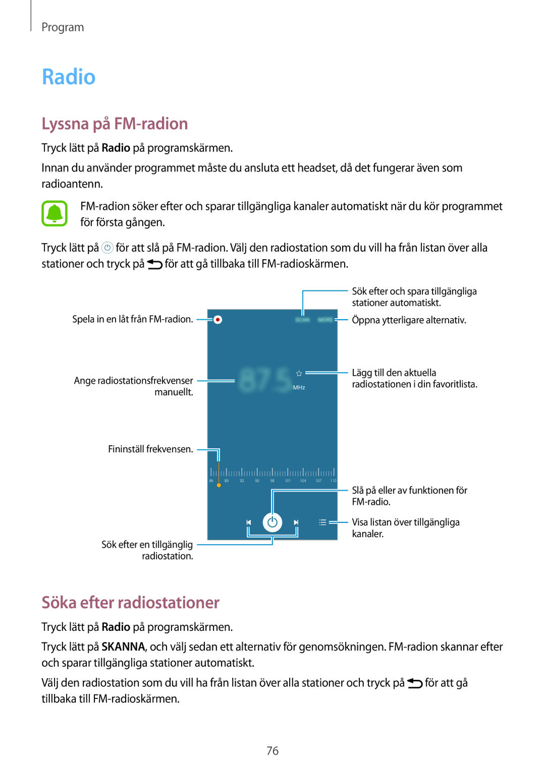 Samsung SM-G903FZKANEE manual Radio, Lyssna på FM-radion, Söka efter radiostationer 