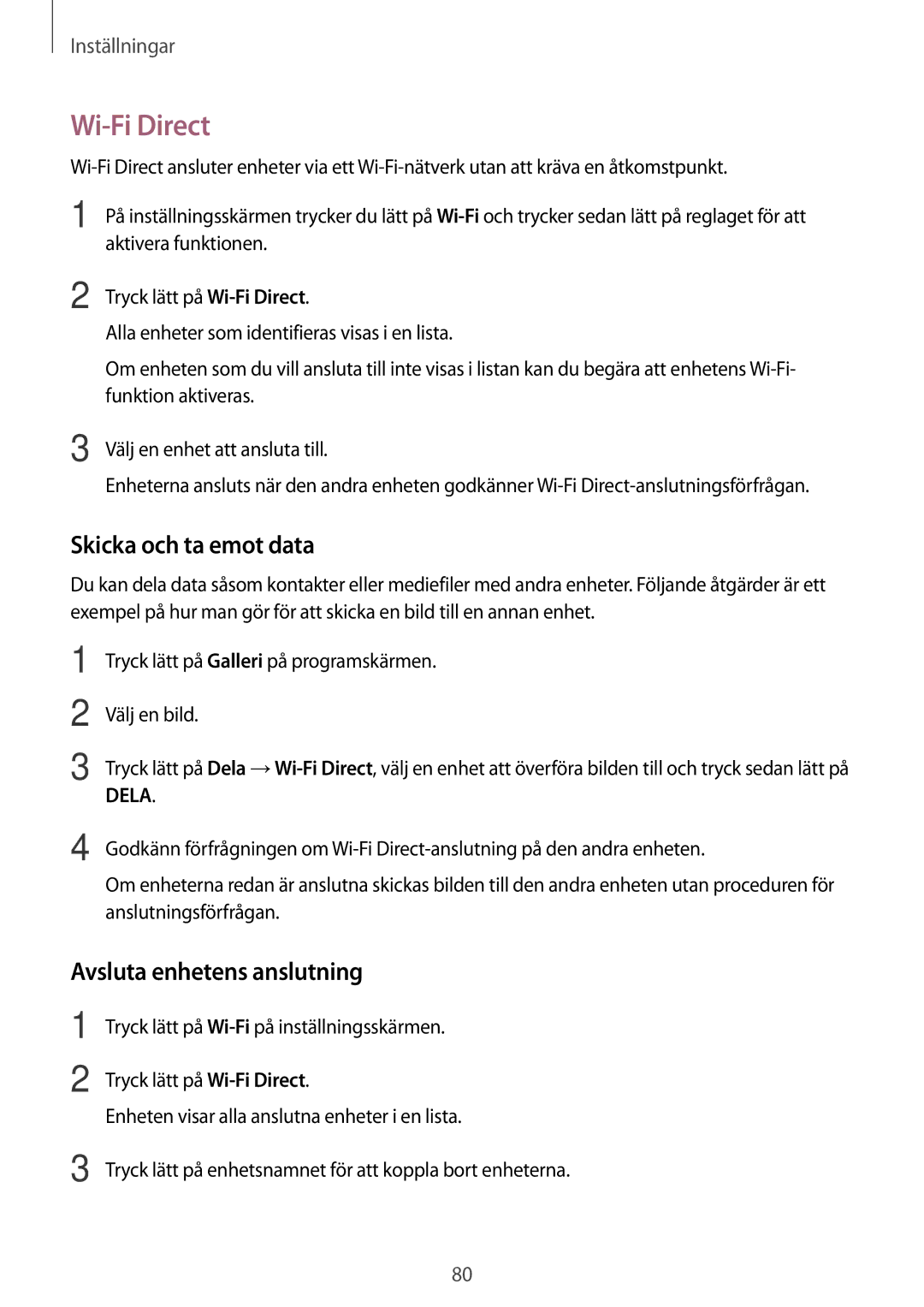 Samsung SM-G903FZKANEE manual Wi-Fi Direct, Skicka och ta emot data, Avsluta enhetens anslutning 