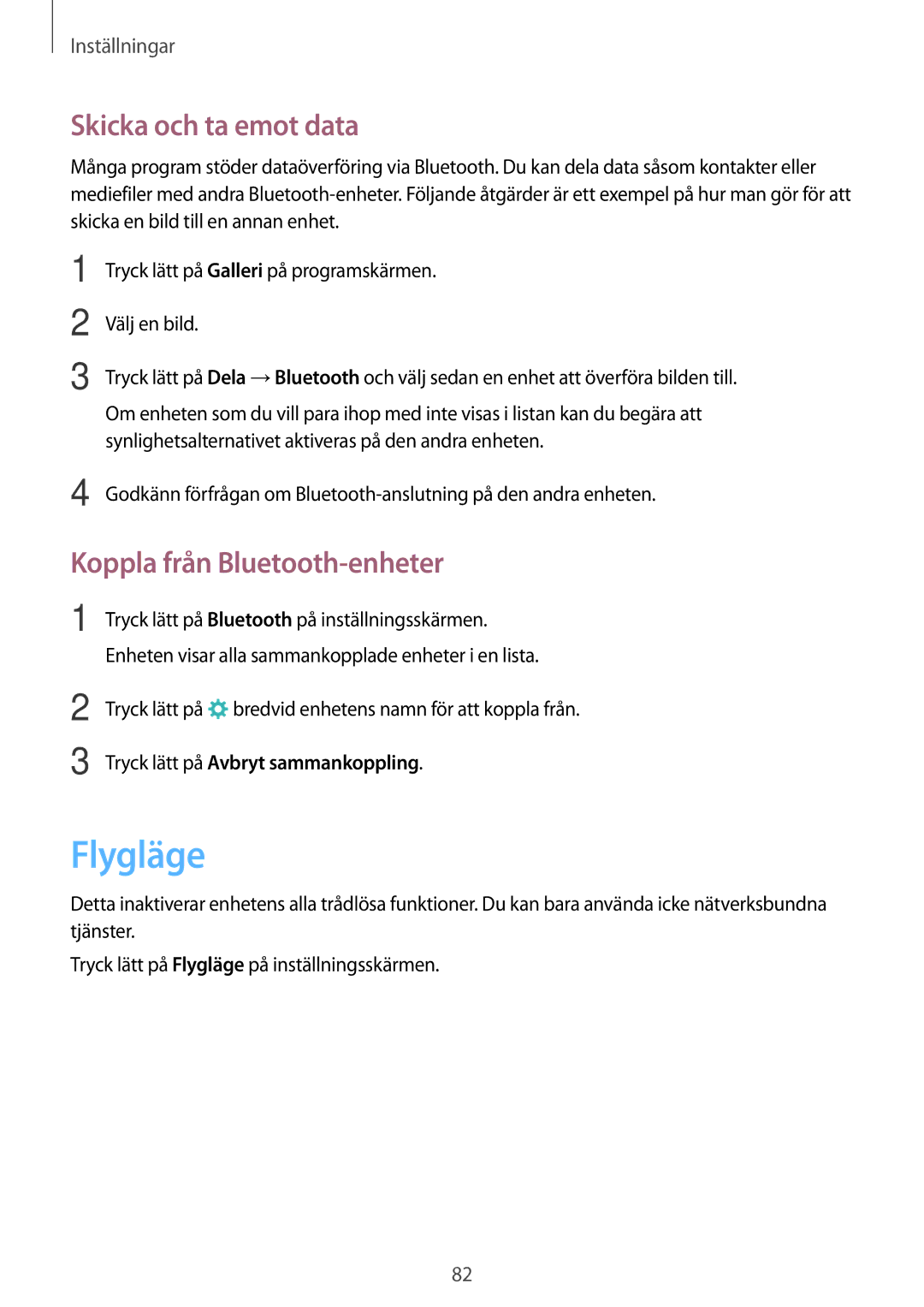 Samsung SM-G903FZKANEE manual Flygläge, Skicka och ta emot data, Koppla från Bluetooth-enheter 