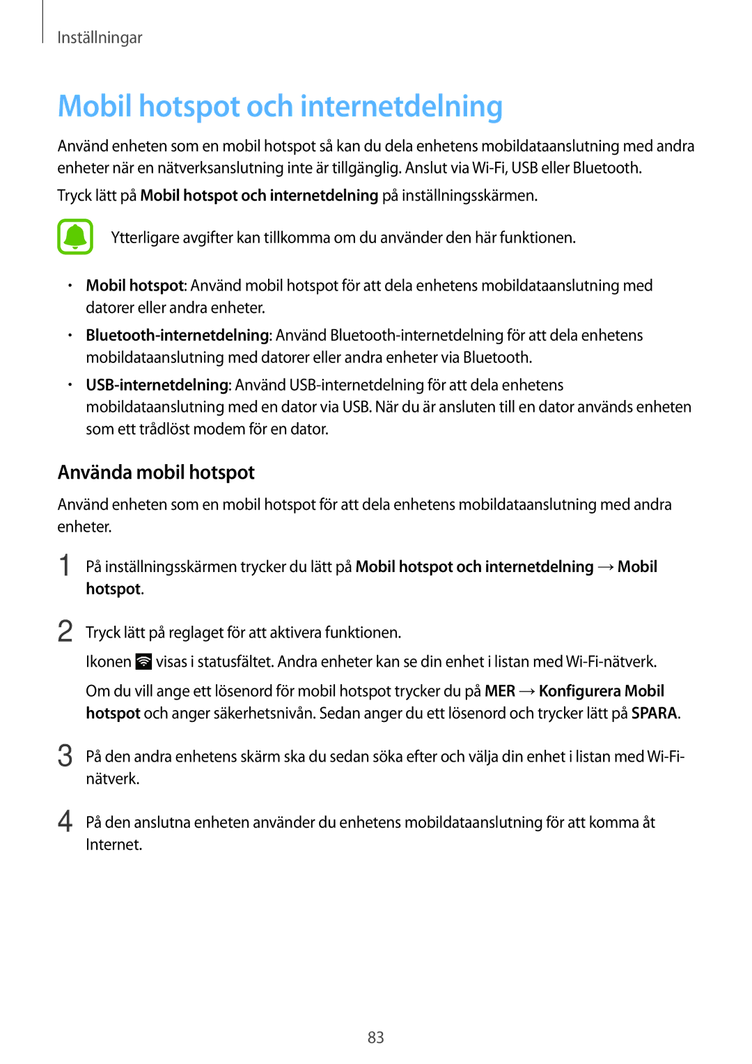 Samsung SM-G903FZKANEE manual Mobil hotspot och internetdelning, Använda mobil hotspot 