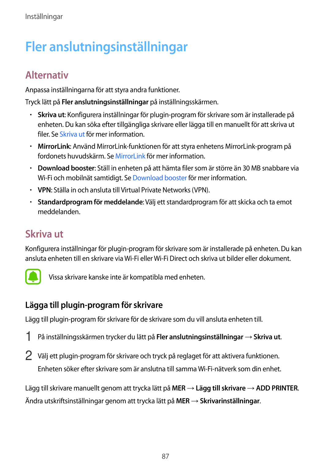 Samsung SM-G903FZKANEE manual Fler anslutningsinställningar, Alternativ, Skriva ut, Lägga till plugin-program för skrivare 