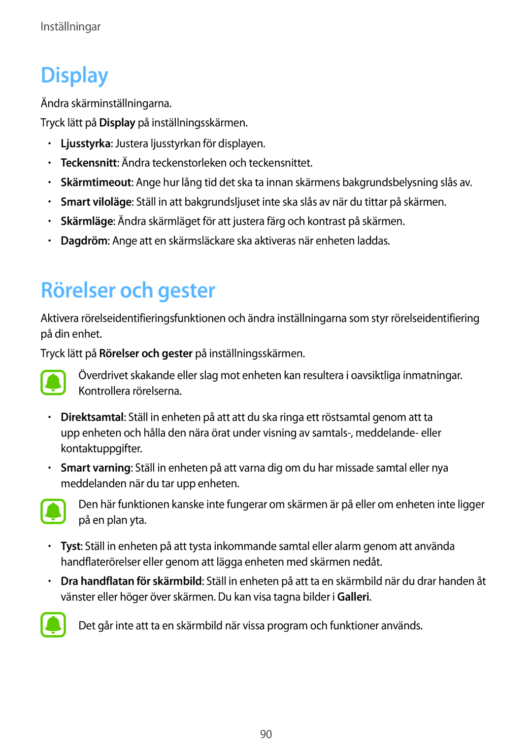 Samsung SM-G903FZKANEE manual Display, Rörelser och gester 