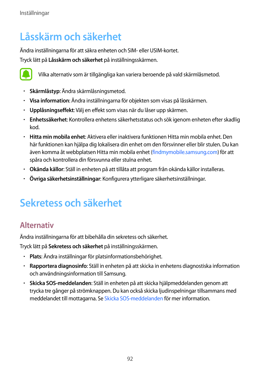 Samsung SM-G903FZKANEE manual Låsskärm och säkerhet, Sekretess och säkerhet 