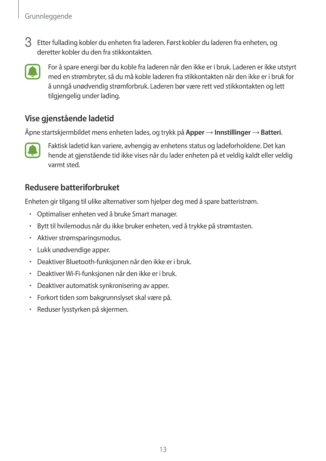 Samsung SM-G903FZKANEE manual Vise gjenstående ladetid, Redusere batteriforbruket 