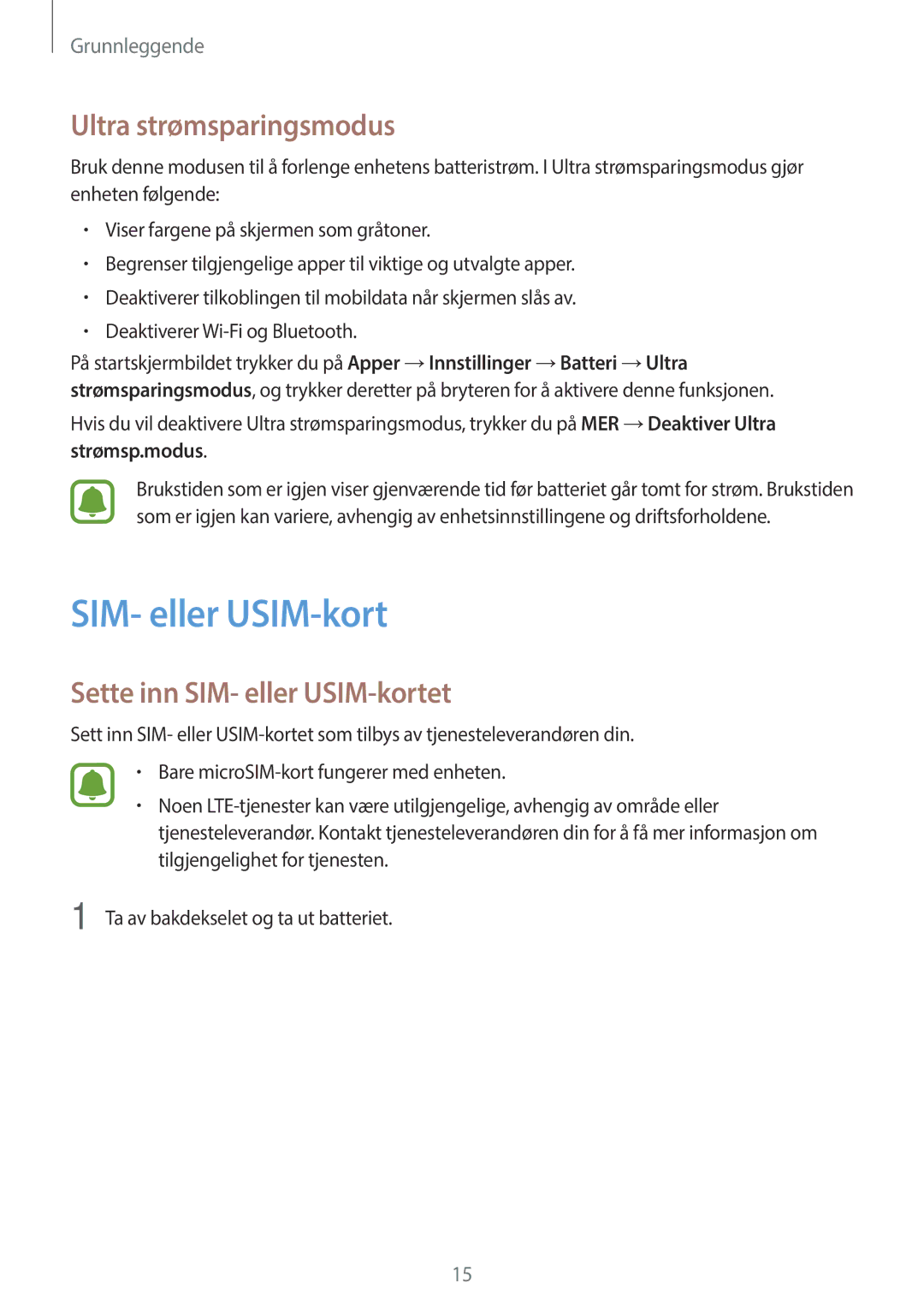 Samsung SM-G903FZKANEE manual Ultra strømsparingsmodus, Sette inn SIM- eller USIM-kortet 