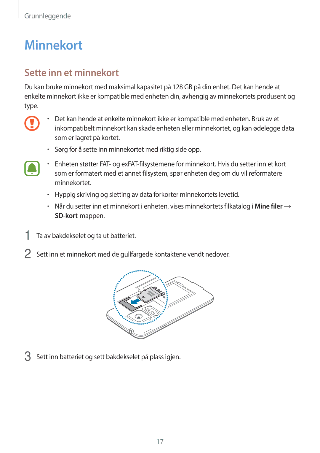 Samsung SM-G903FZKANEE manual Minnekort, Sette inn et minnekort 