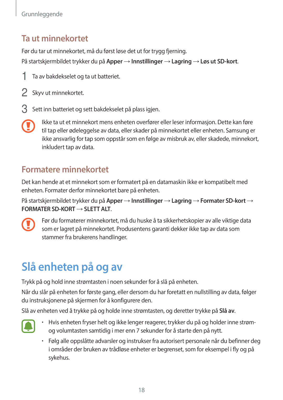 Samsung SM-G903FZKANEE manual Slå enheten på og av, Ta ut minnekortet, Formatere minnekortet 