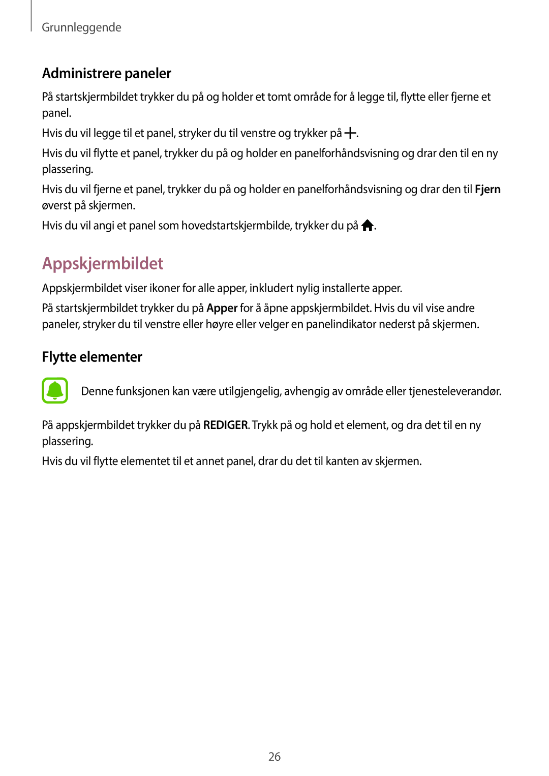Samsung SM-G903FZKANEE manual Appskjermbildet, Administrere paneler, Flytte elementer 
