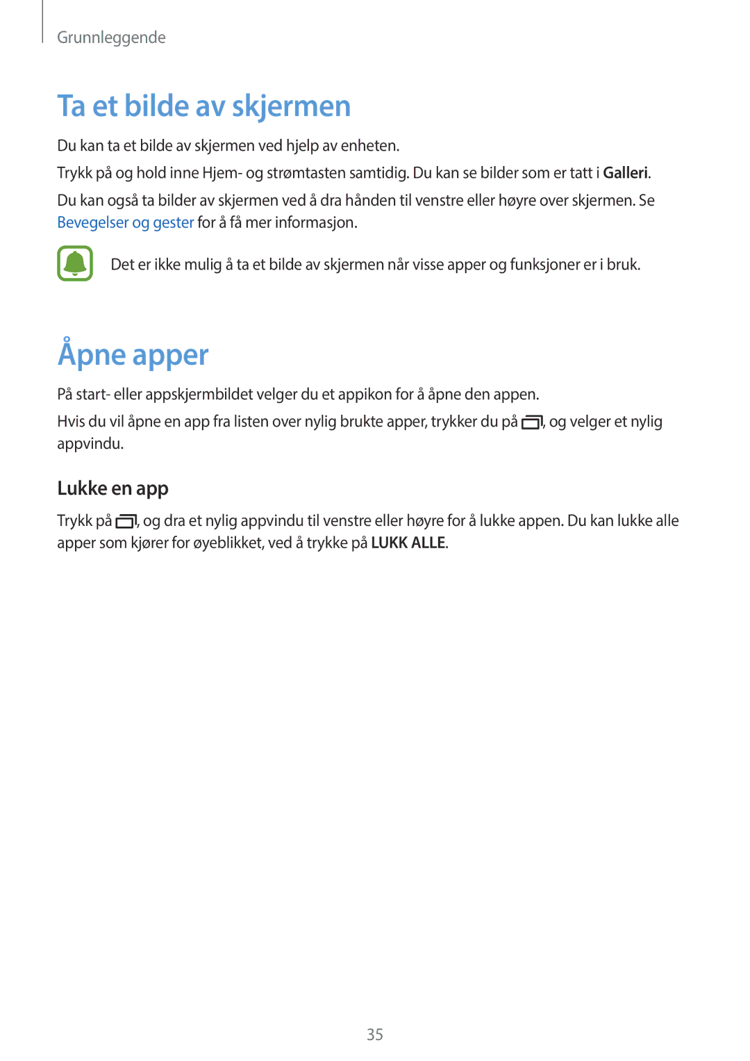 Samsung SM-G903FZKANEE manual Ta et bilde av skjermen, Åpne apper, Lukke en app 