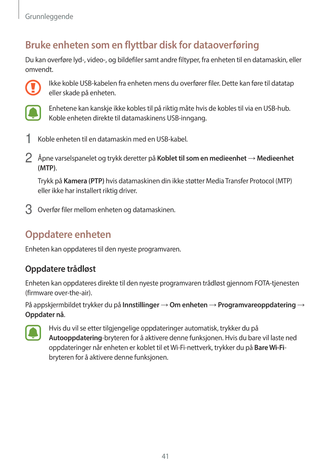 Samsung SM-G903FZKANEE manual Bruke enheten som en flyttbar disk for dataoverføring, Oppdatere enheten, Oppdatere trådløst 