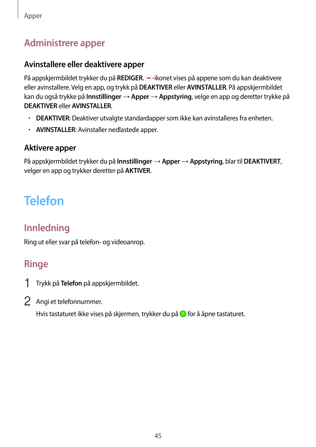 Samsung SM-G903FZKANEE manual Telefon, Administrere apper, Ringe, Avinstallere eller deaktivere apper, Aktivere apper 