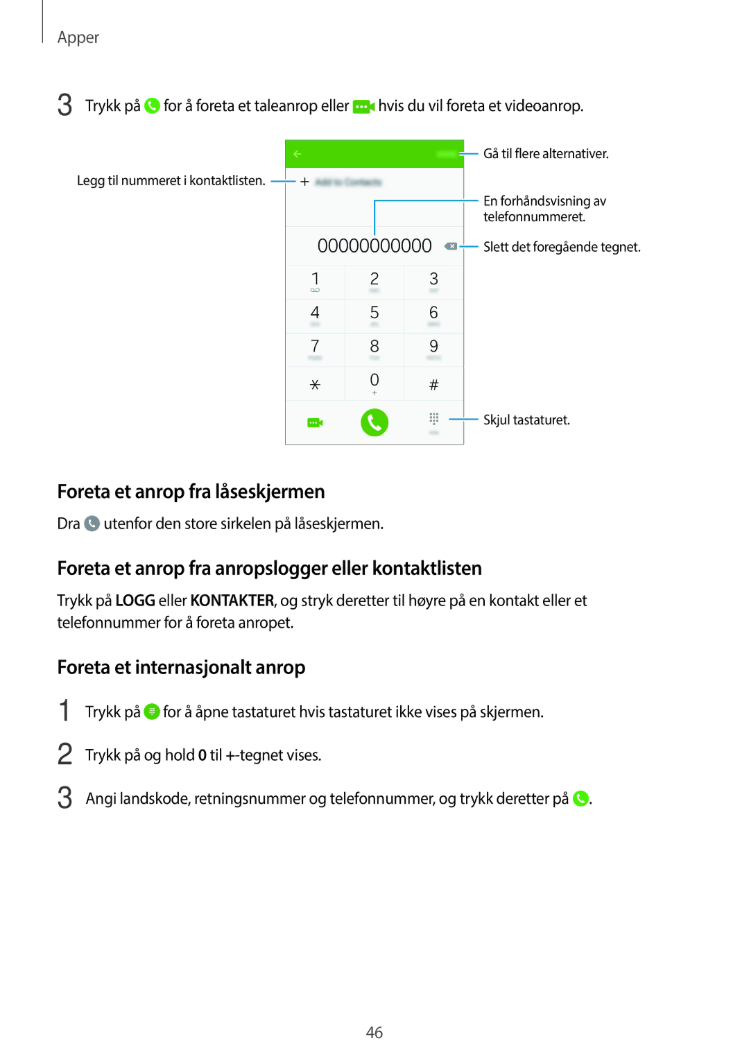 Samsung SM-G903FZKANEE manual Foreta et anrop fra låseskjermen, Foreta et anrop fra anropslogger eller kontaktlisten 