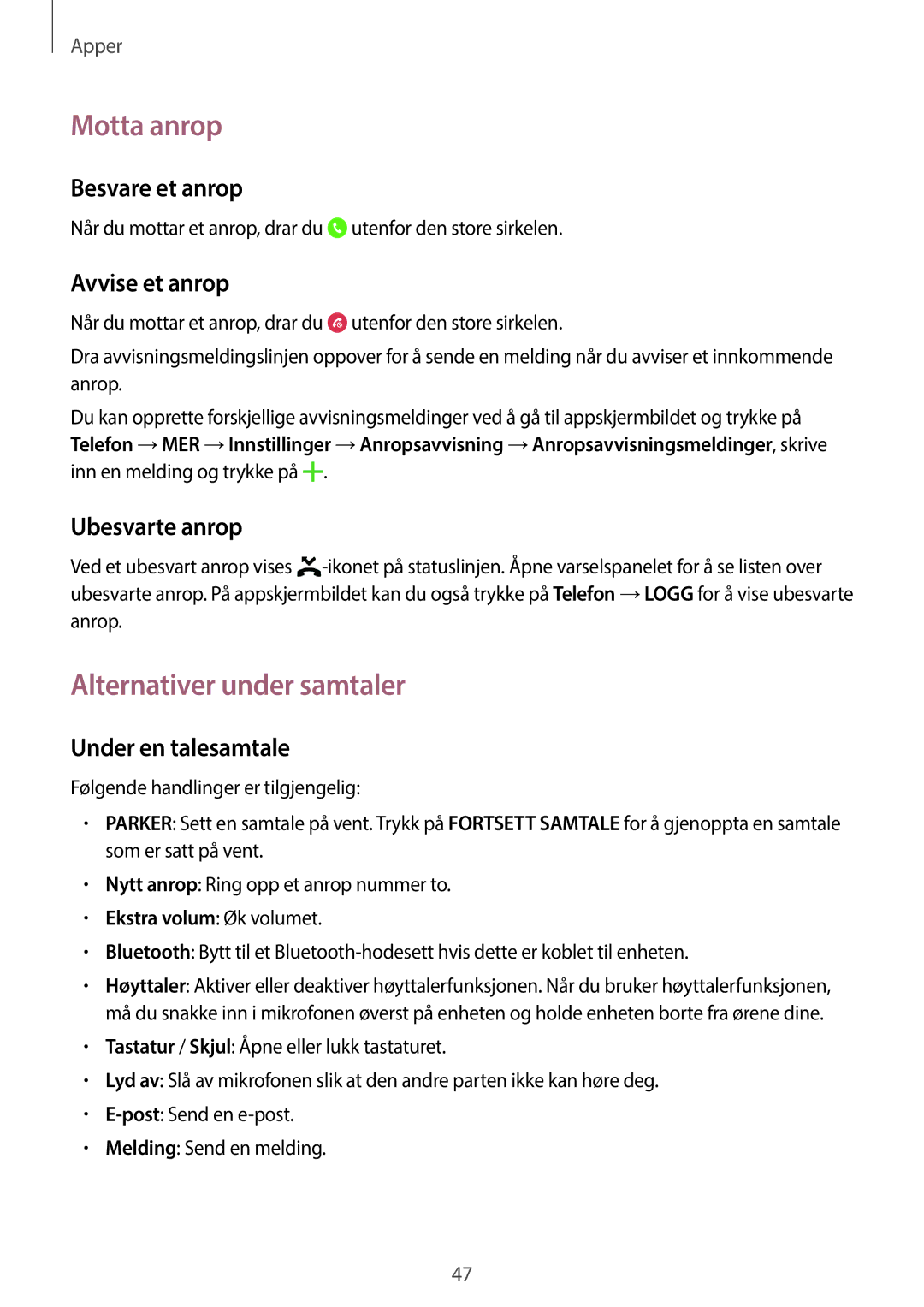 Samsung SM-G903FZKANEE manual Motta anrop, Alternativer under samtaler 