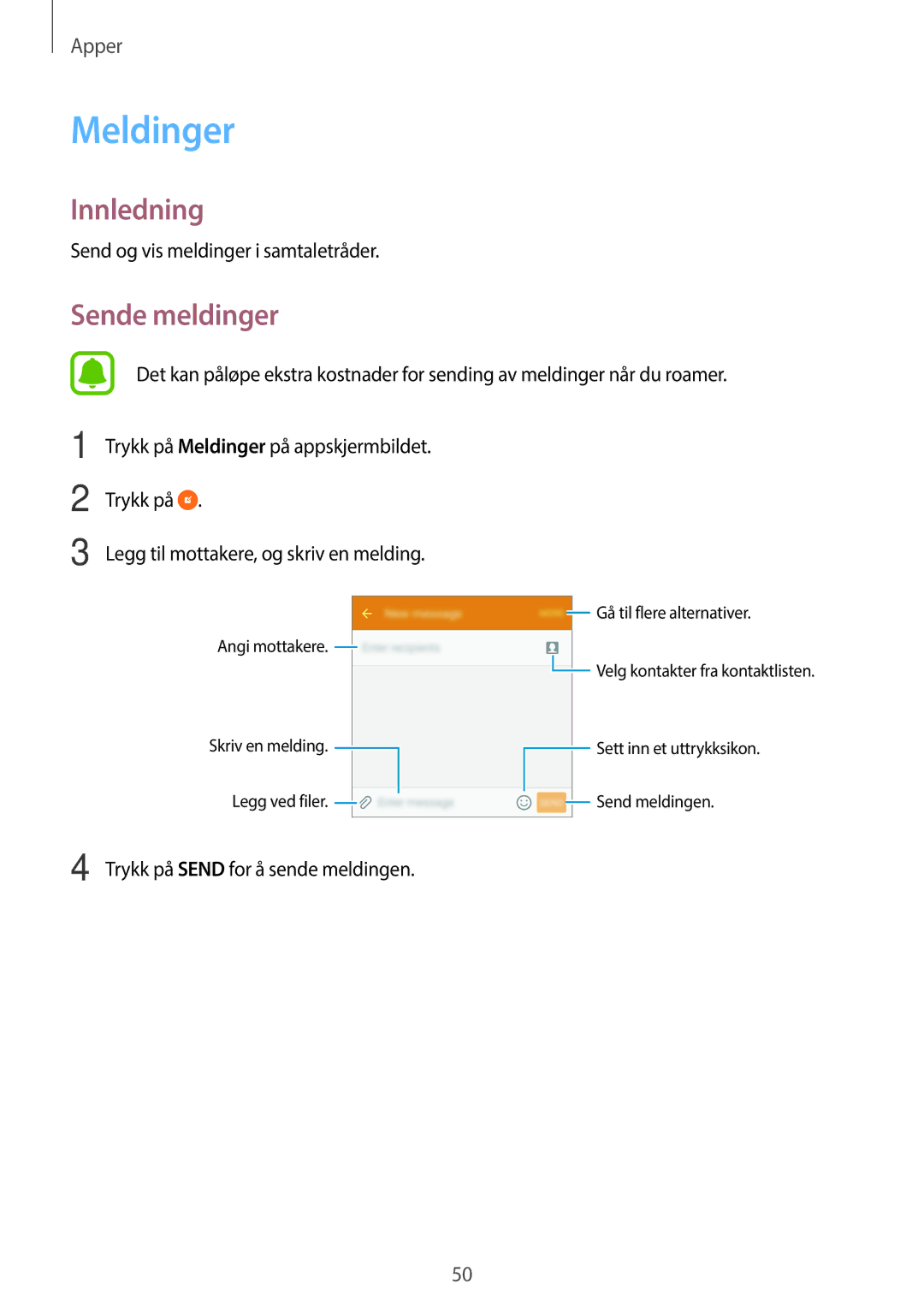 Samsung SM-G903FZKANEE manual Meldinger, Sende meldinger 