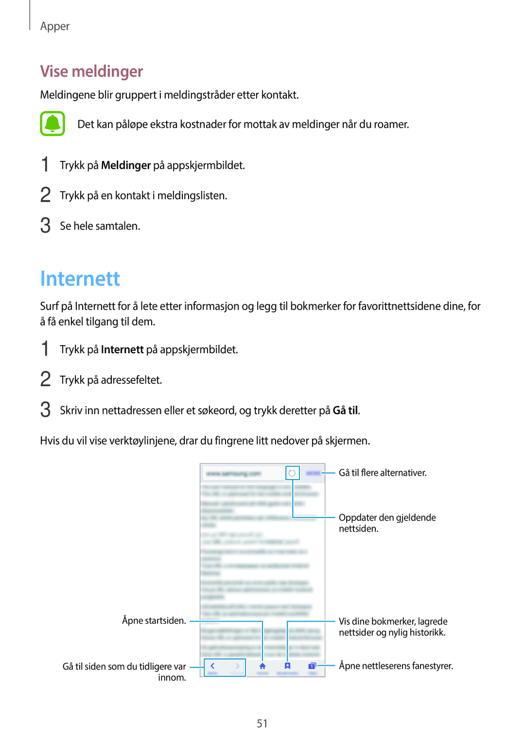 Samsung SM-G903FZKANEE manual Internett, Vise meldinger 