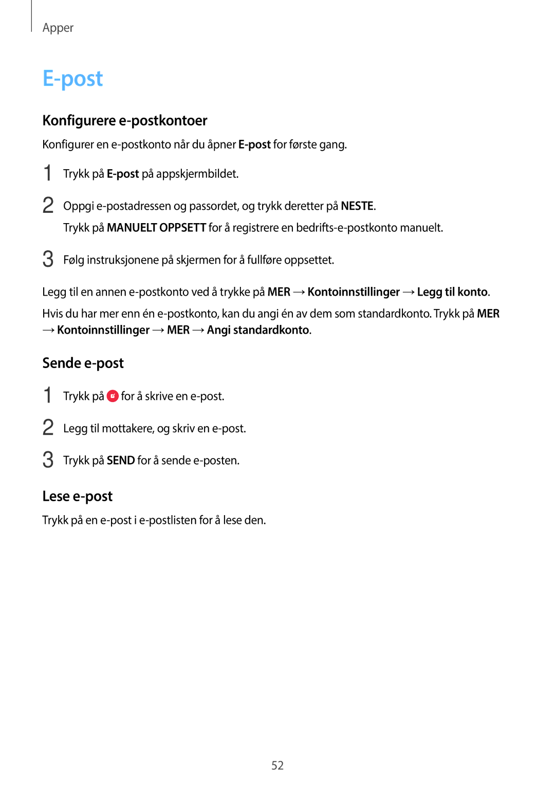 Samsung SM-G903FZKANEE manual Post, Konfigurere e-postkontoer, Sende e-post, Lese e-post 