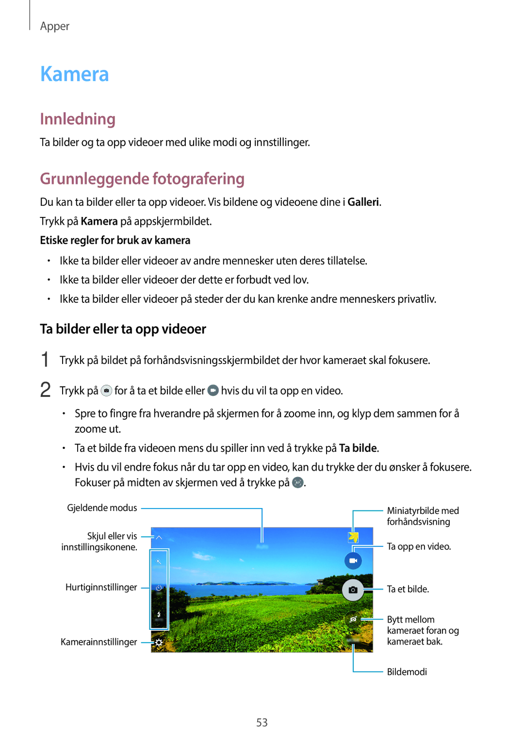 Samsung SM-G903FZKANEE manual Kamera, Grunnleggende fotografering, Ta bilder eller ta opp videoer 