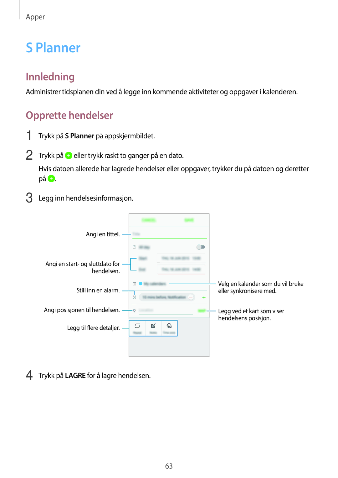 Samsung SM-G903FZKANEE manual Planner, Opprette hendelser 