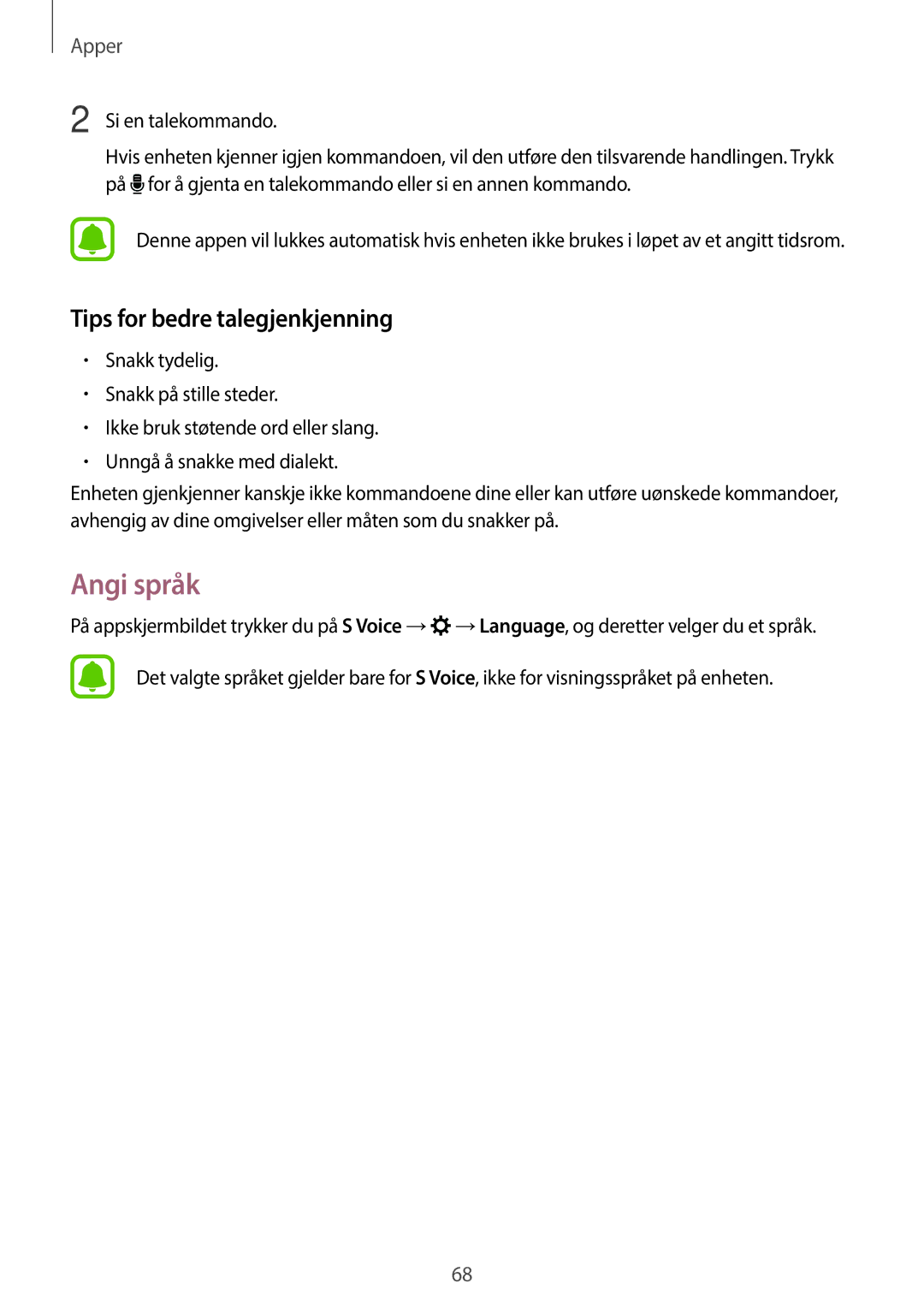 Samsung SM-G903FZKANEE manual Angi språk, Tips for bedre talegjenkjenning 