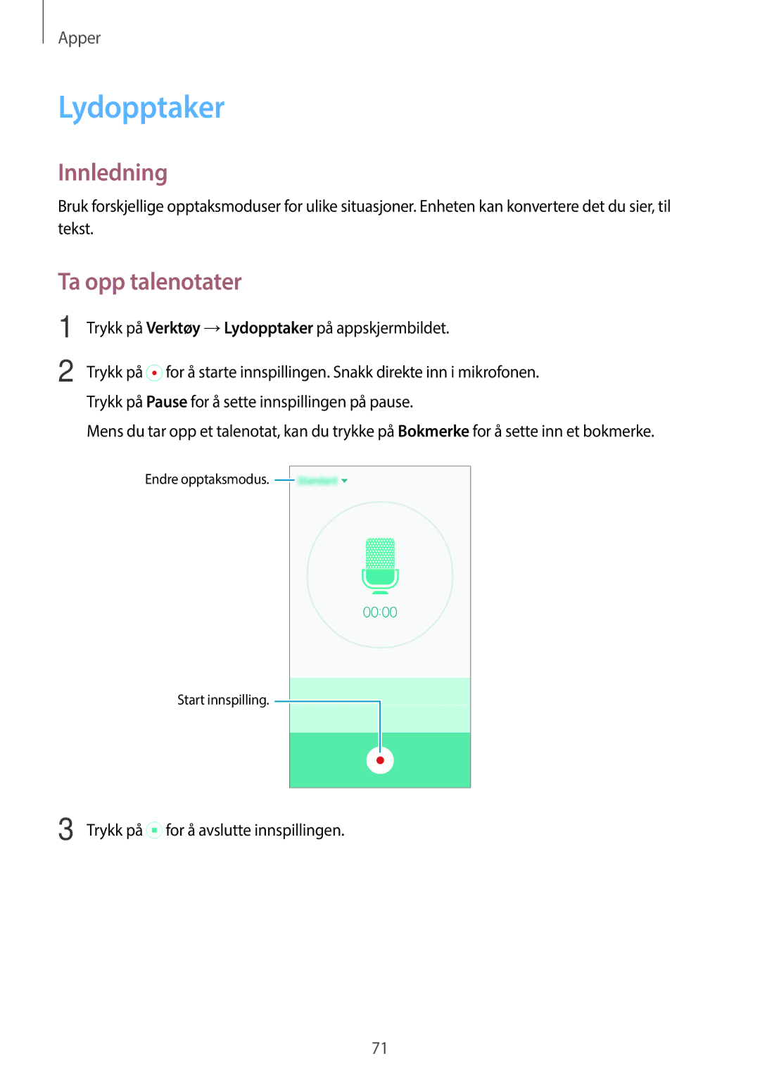 Samsung SM-G903FZKANEE manual Lydopptaker, Ta opp talenotater 