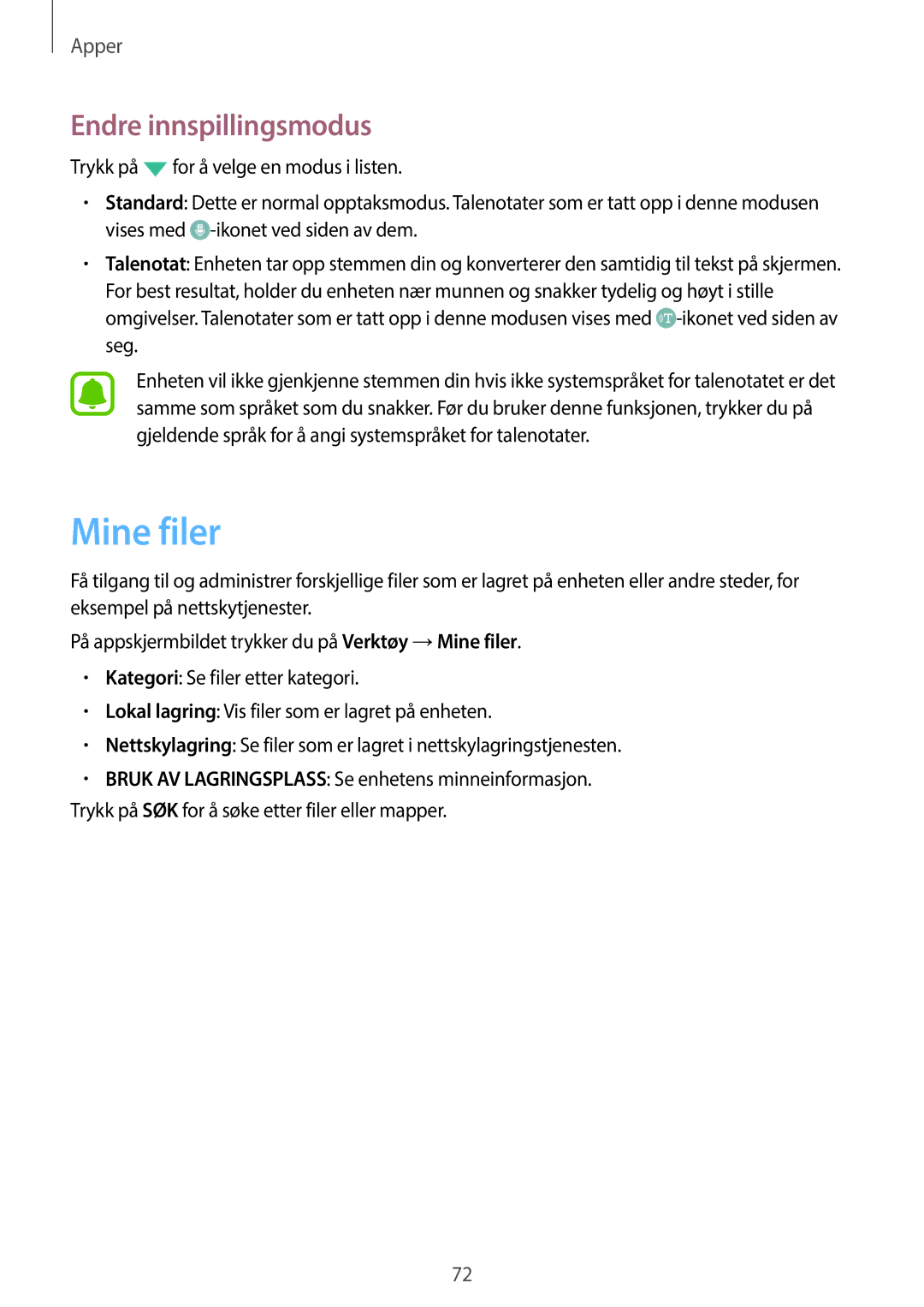 Samsung SM-G903FZKANEE manual Mine filer, Endre innspillingsmodus 