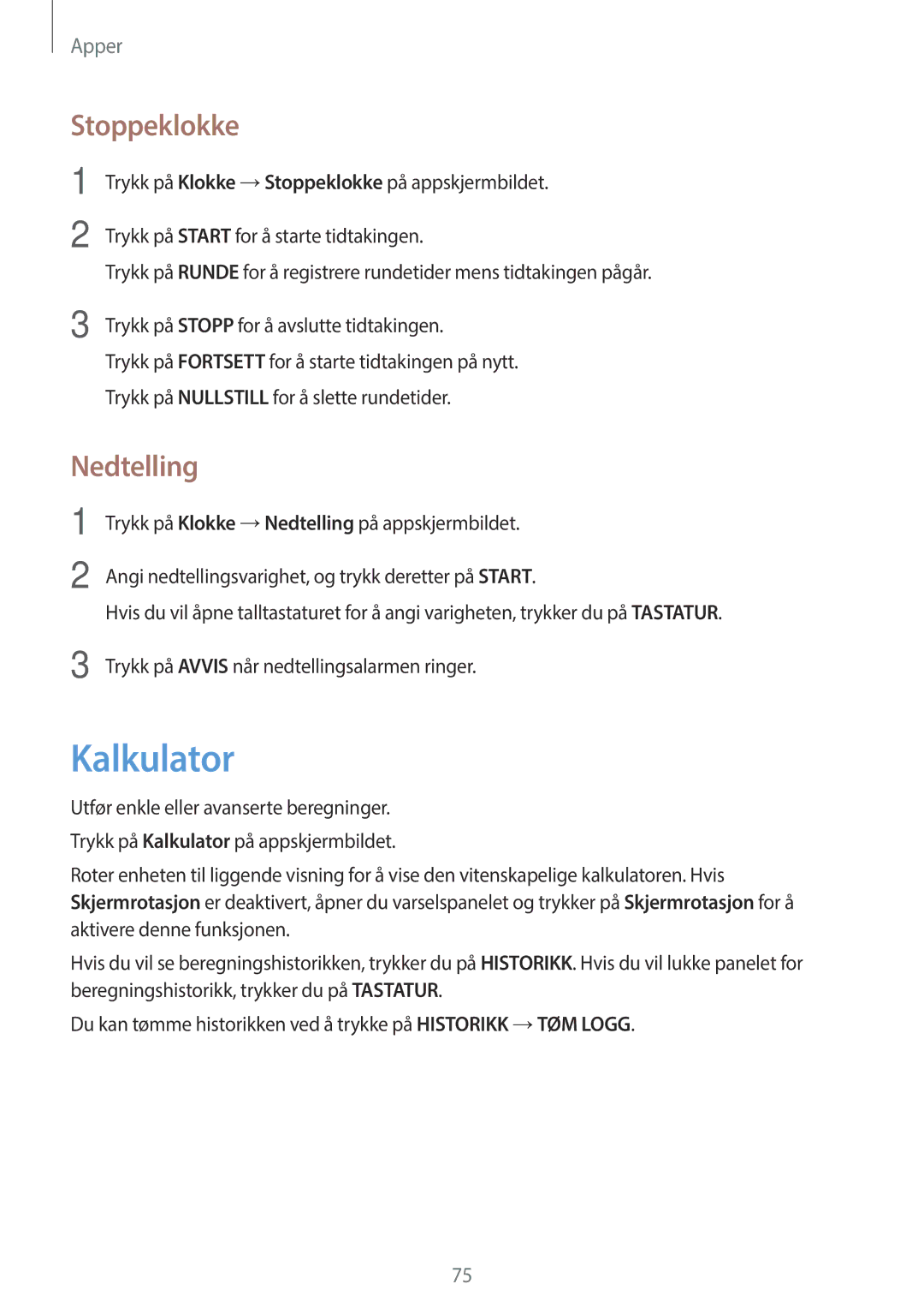 Samsung SM-G903FZKANEE manual Kalkulator, Stoppeklokke, Nedtelling 